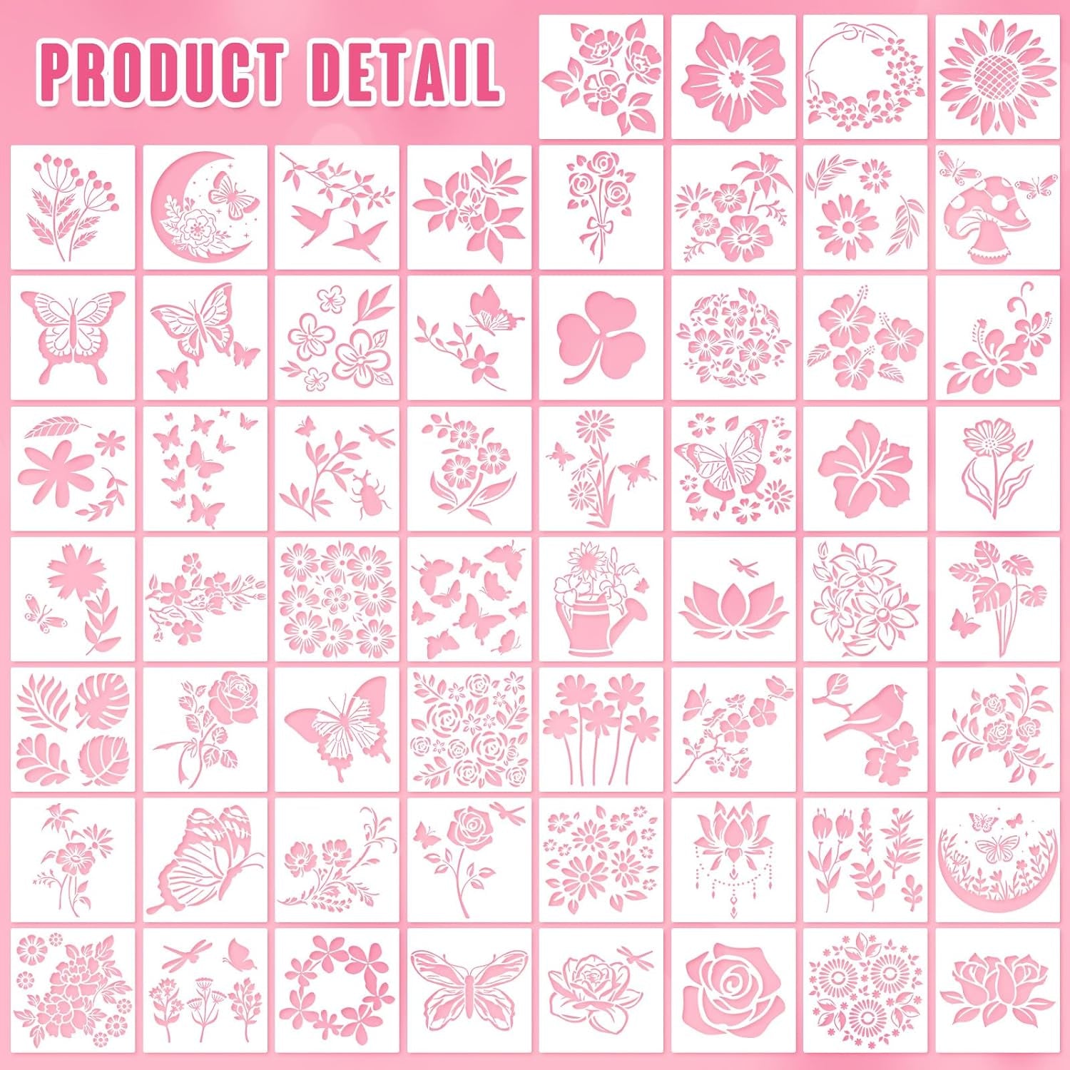 60 Pcs 6X6 Inch Flower Stencils for Painting on Wood Reusable Floral Stencils Bird Wall Stencil Butterfly Leaf Drawing Template DIY Craft Summer Stencils for Painting on Wood Wall Canvas