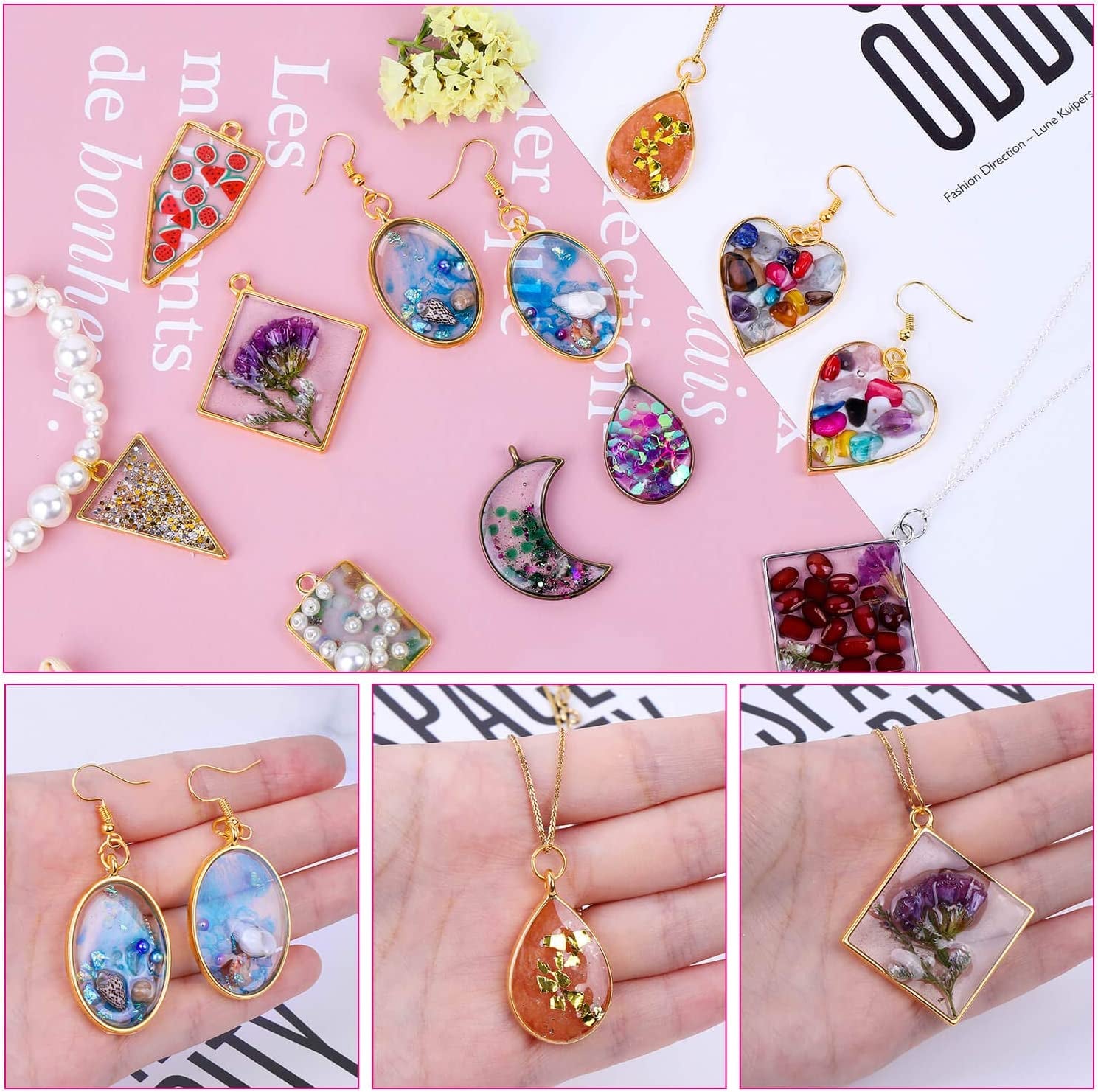 Open Bezels for Resin,  60Pcs Hollow Frame Pendants Resin Craft Bezels Jewelry Molds for Resin Casting, Necklaces Earrings Making Supplies