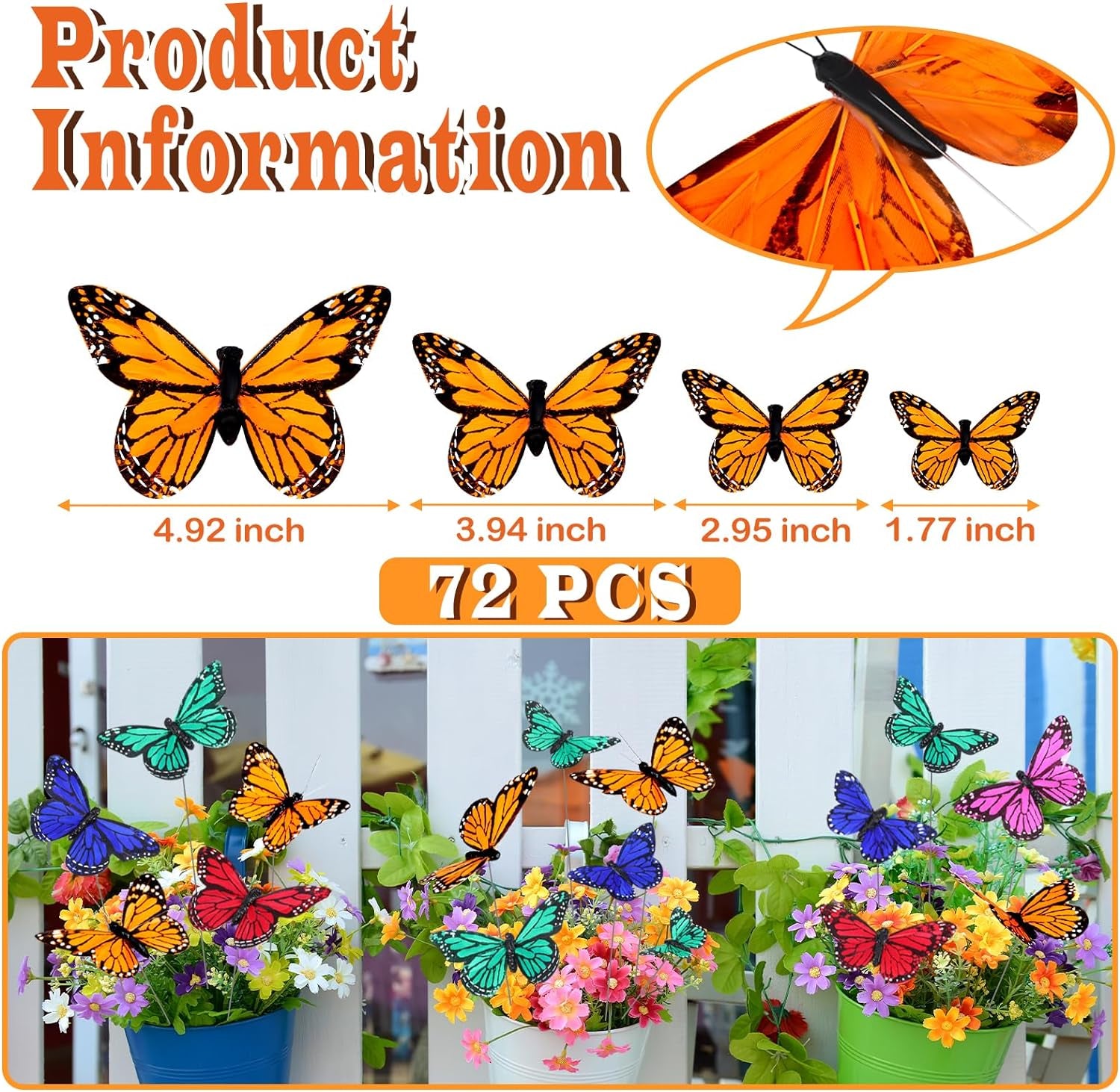 72 Pcs Monarch Butterfly Decorations Butterflies for Crafts 4 Size Artificial Feather Butterfly Decor on Picks Butterflies for Halloween Crafts Fake Butterflies with Wire Wall Decor (Cute Color)