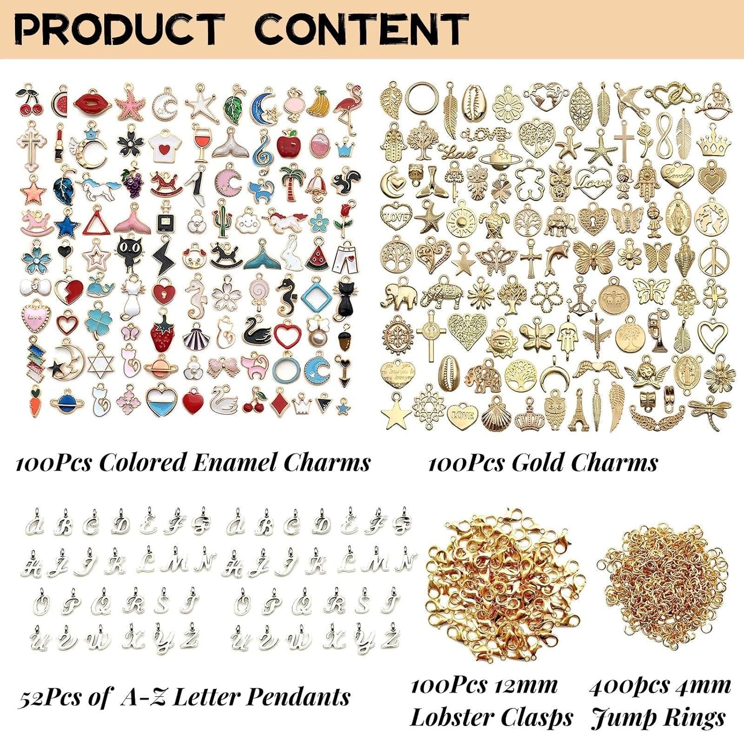 200Pcs Mixed Gold Plated Enamel Charms for Jewelry Making - Also Includes 52Pcs Letter Pendants, 400Pcs Jump Rings and 100Pcs Lobster Clasps for Necklaces,Bracelets,Earrings,Diy Crafting