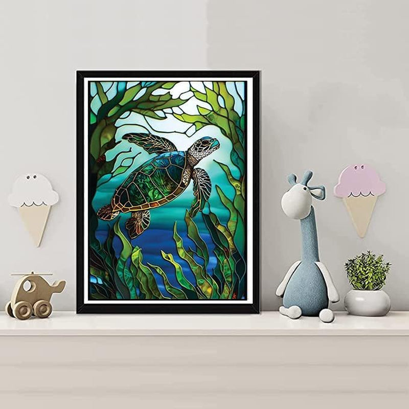 5D DIY Diamond Painting Kits for Adults Kids, Sea Turtle Stained Glass Full Drill Embroidery Cross Stitch Crystal Rhinestone Paintings Pictures Arts Wall Decor Painting Dots Kits 15.7X11.8 In