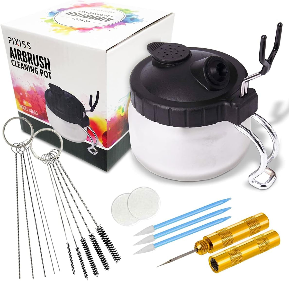 Airbrush Cleaning Kit - Airbrush Clean Pot Glass Cleaning Jar with Holder, 5Pc Cleaning Needles, 5Pc Cleaning Brushes, 1 Wash Needle, 2 Extra Filters