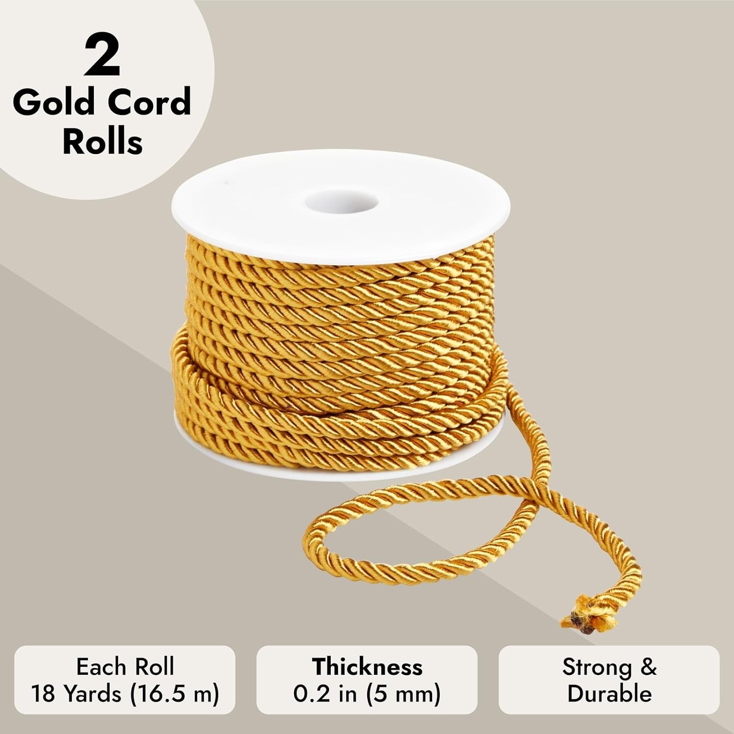 36 Total Yards 5Mm Twisted Gold Cord for Crafts, Gold Rope Ribbon for Sewing, Upholstery Trim,Household Decorations, 2 Rolls of 0.2" Reinforced Polyester Cordage, 18 Yards per Roll