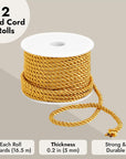 36 Total Yards 5Mm Twisted Gold Cord for Crafts, Gold Rope Ribbon for Sewing, Upholstery Trim,Household Decorations, 2 Rolls of 0.2" Reinforced Polyester Cordage, 18 Yards per Roll