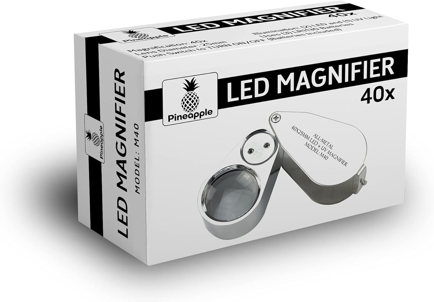 40X Jewelers Loupe with Light, UV Lighted Magnifying Glass Eye Loop, LED Illuminated Metal Pocket Magnifier for Jewelry, Currency, Plants, Coins, Diamonds, Stamps