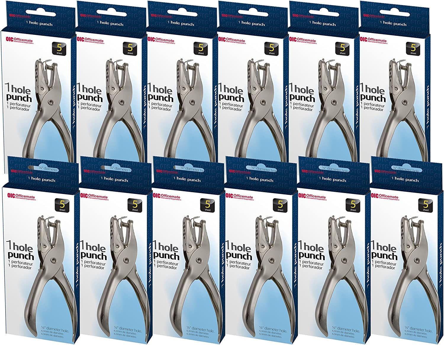 1 Hole Punch, 5 Sheet Capacity, Comes in 12 Pack, Silver (90075)
