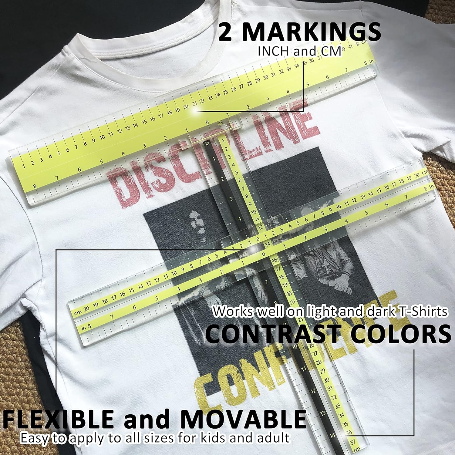 T-Shirt Alignment Ruler Guide Tool to Center Designs Acrylic Transparent Movable T Ruler Set for Heat Press Adult Kids Children Little Boys Tee Clothing Measurement Tool