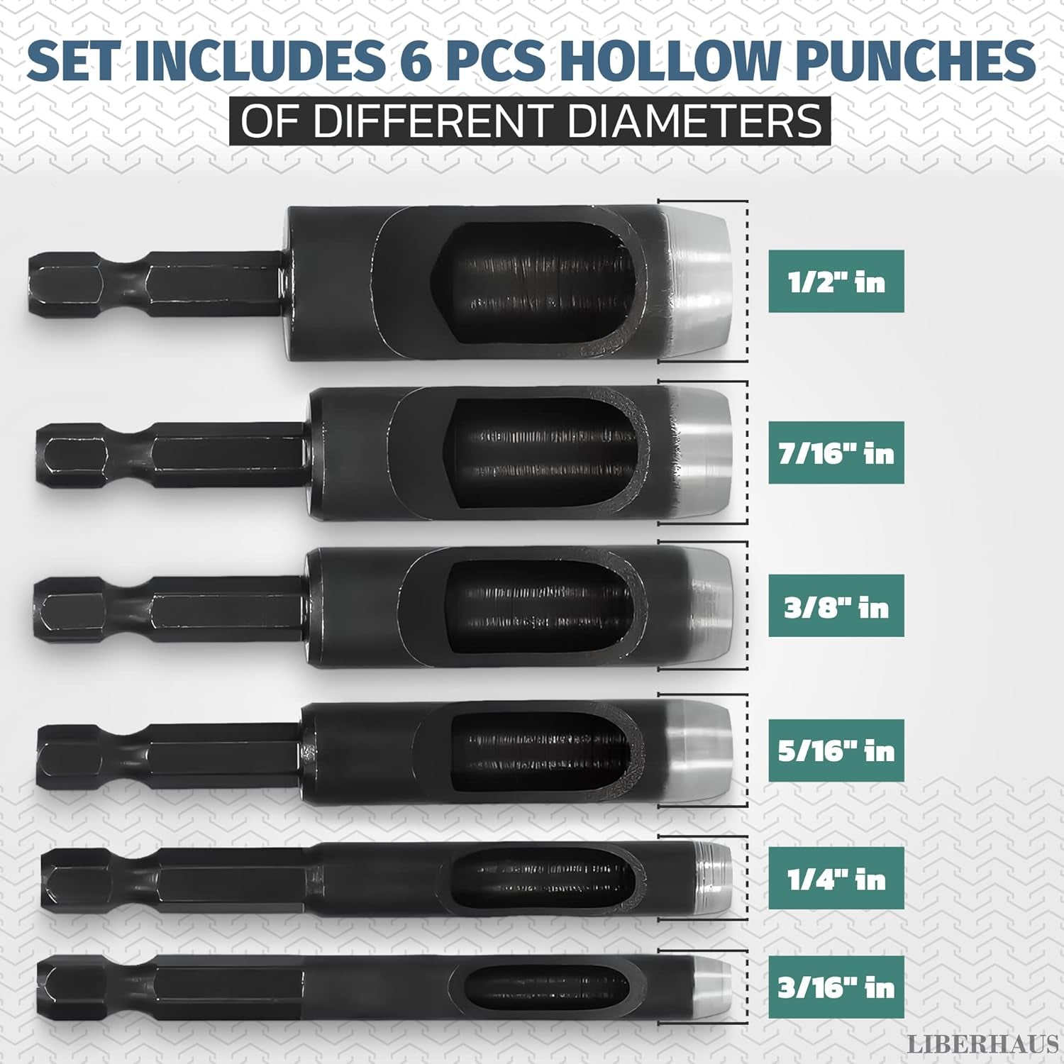 6Pcs Leather Hole Punch Tool - Hollow Punch Set Hex Shank Drill Bits Flexible Drill Bit Extension Hex Shank Drill Bit Set 3/16" 1/4" 5/16" 3/8" 7/16" 1/2" Non-Slip Fit Leather Hole Punches Set