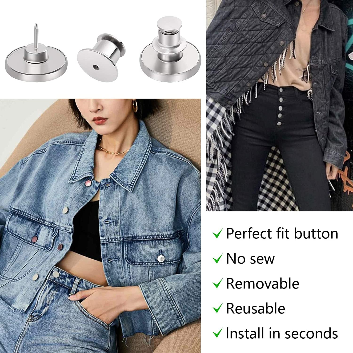 12 Sets Button Pins for Loose Jeans, No Sew and No Tools Instant Replacement Snap Tack Pant Button,  Reusable and Adjustable Metal Pants Button Tightener