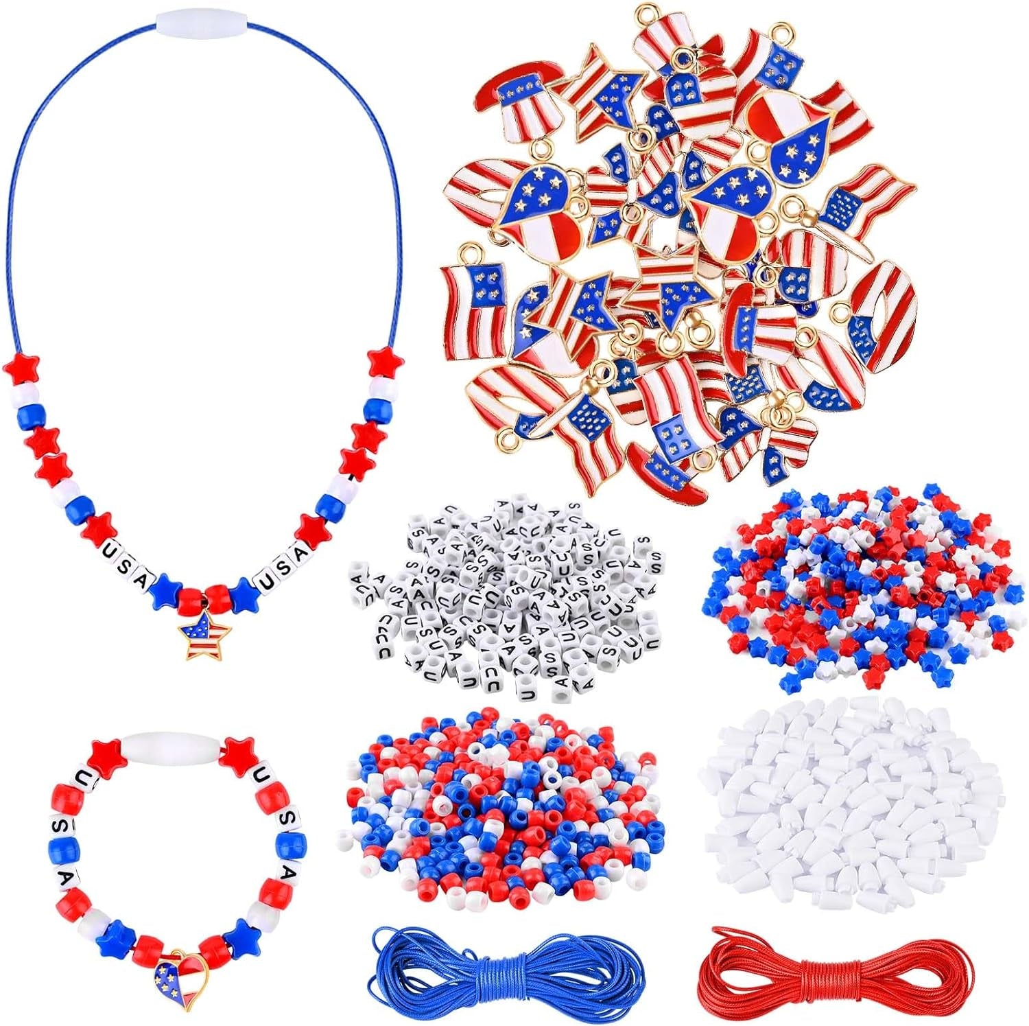 4Th of July Jewelry Craft Kits DIY Bead Necklace Crafts USA Letter Beads Red White Blue Beads for Patriotic Day Jewelry Making Kits Independence Day Decorations