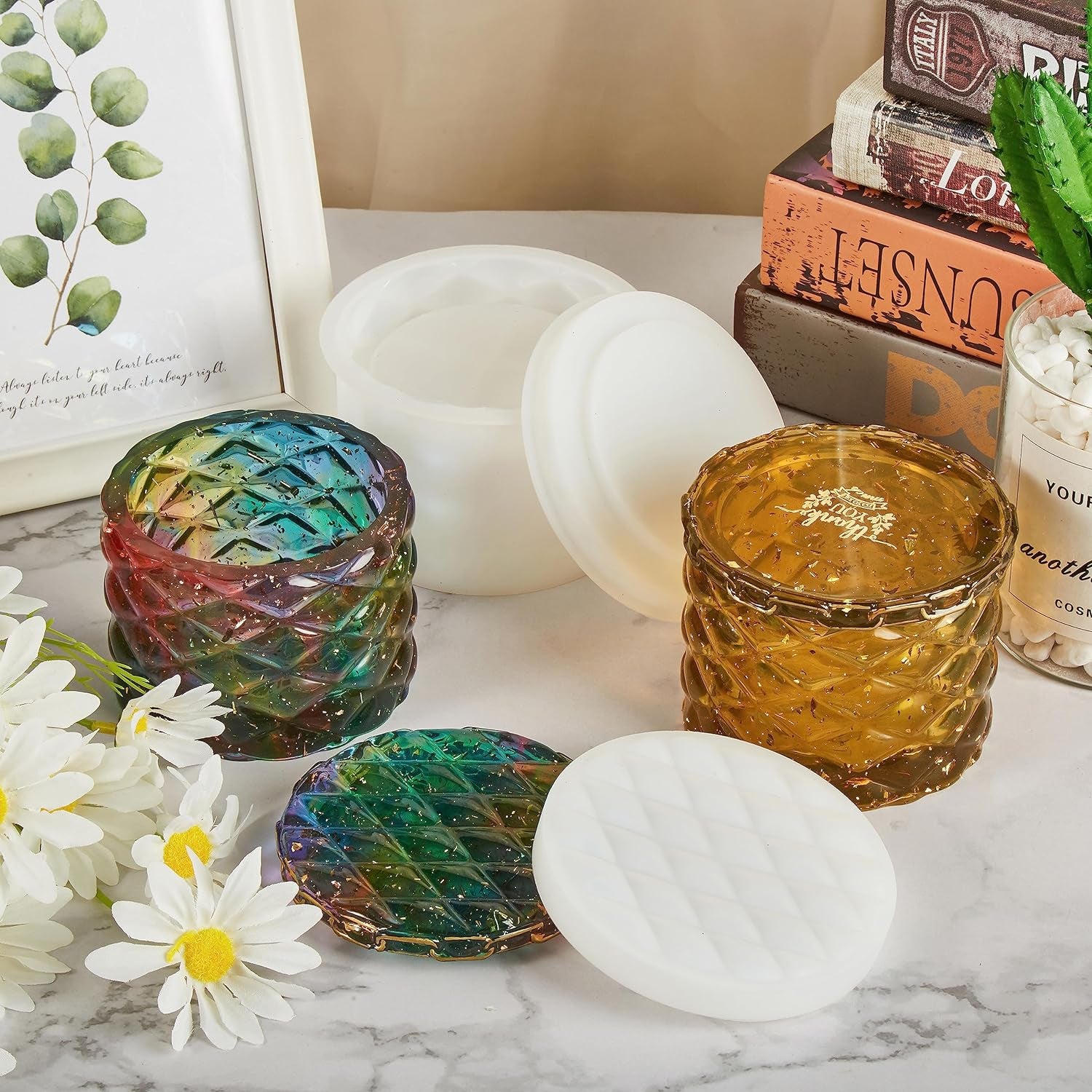 Jar Resin Molds Silicone, Large Diamond Jar Silicone Molds with 2Pcs Lid, Epoxy Jar Molds for Storage Box,Candy Jewelry Container,Home Decoration,Diy Resin Epoxy Casting Craft