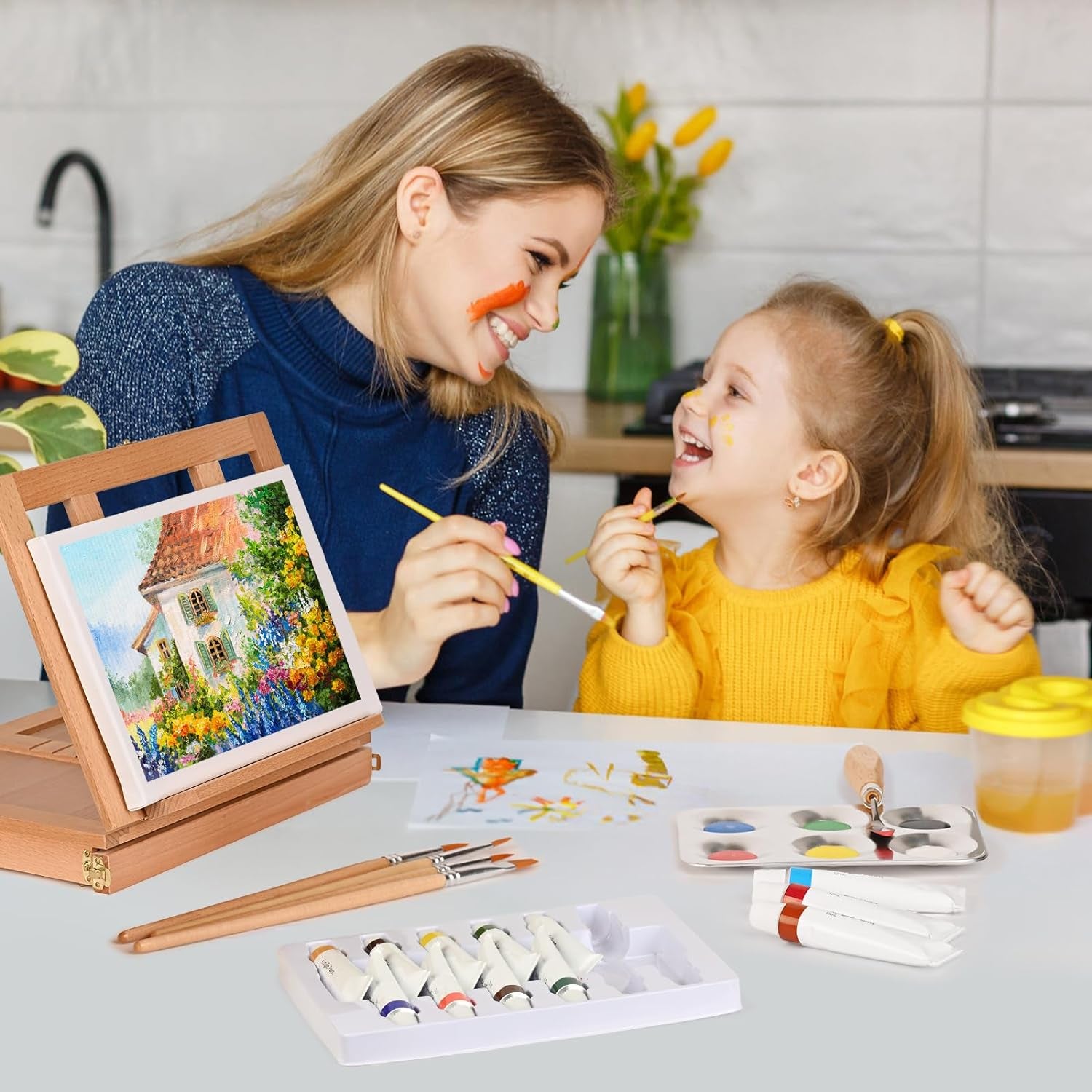 Tabletop Art Easel Acrylic Paint Set for Adults &amp; Kids, Art Easel for Painting Portable Wooden Art Easel Stand,Painting Kits with Tabletop Easel,12 Paints,6 Brushes,3 Paint Knives,Palette,Canvas Board
