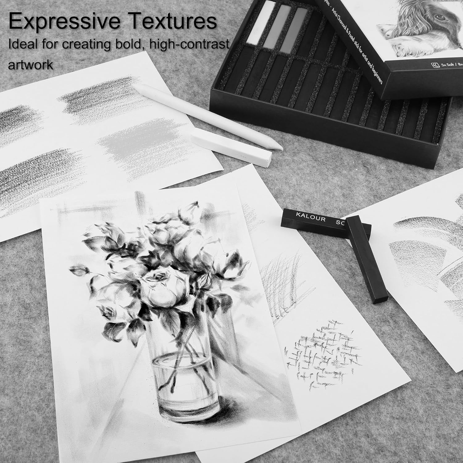 24 Pro Charcoal Drawing Set - Soft,Medium,Hard Charcoal and White Charcoal - Charcol Sticks for Drawing Sketching Shading - Art Supplies Gift for Artists Beginners Adults