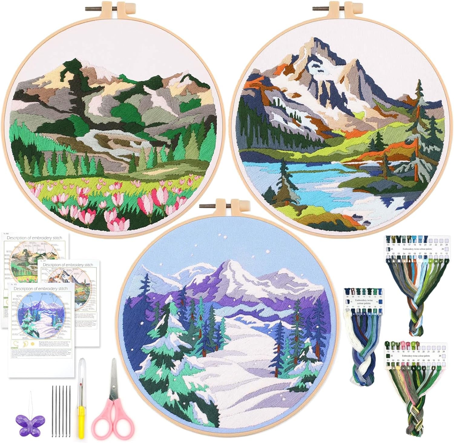 3 Sets Learn to Embroider Kit, Begginer Embroidery Kit for Adults, Embroidery Starter Kit with Patterns, Needles, Ajustable Hoop, Instructions