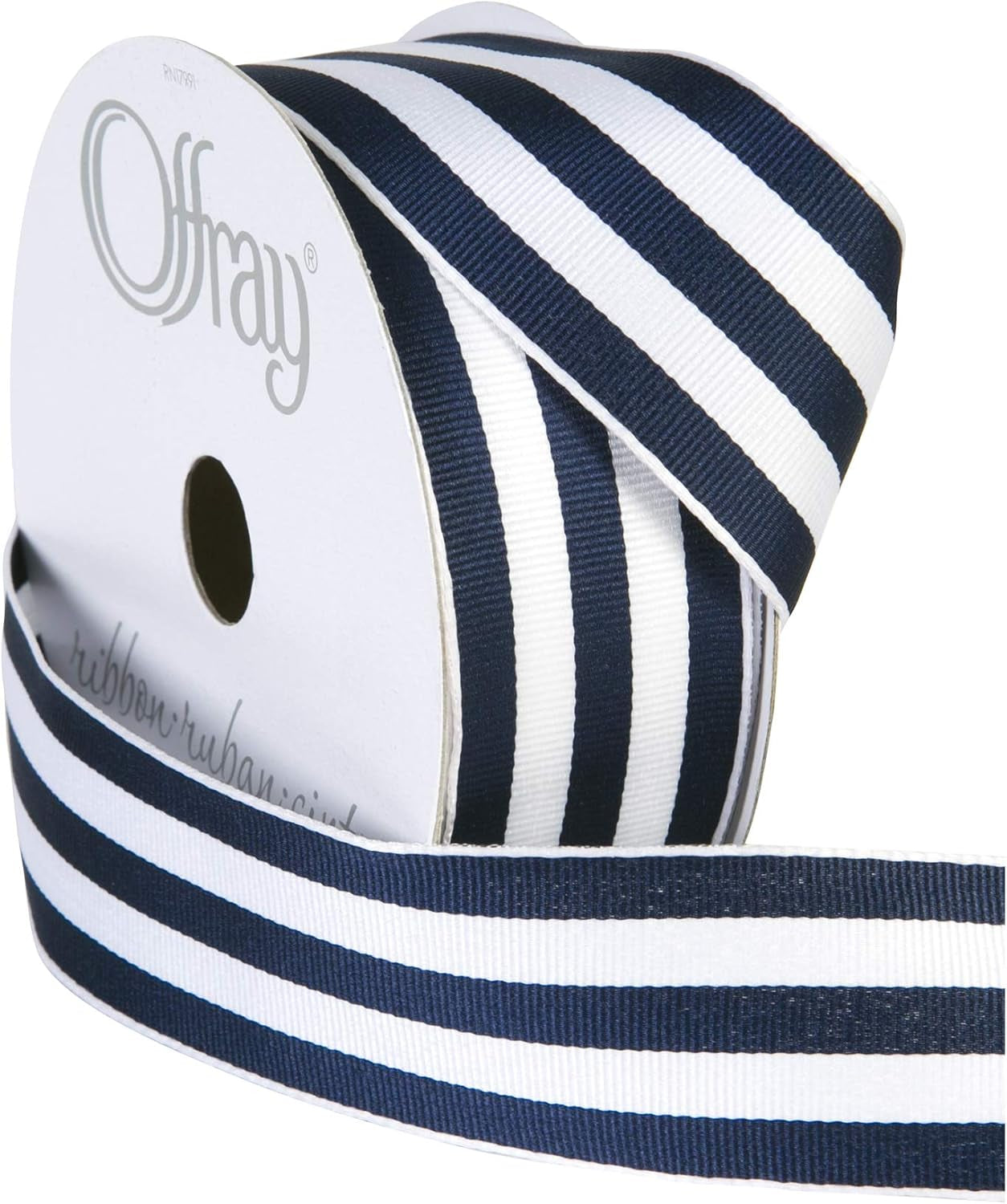 Offray 1.5" Wide Grosgrain Ribbon, 25 Yards, Navy Blue and White Stripe