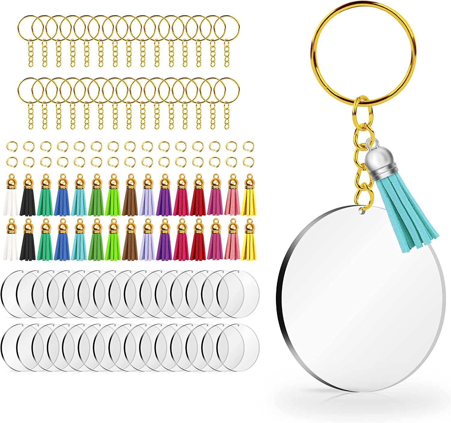 120 Pcs Acrylic Keychain Blank with Key Rings: Tassels Key Chain for Craft,Bulk Keychain Rings,Key Chain Kit for Girls, Silver