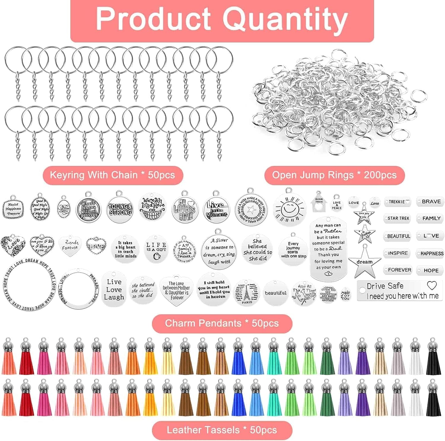 350Pcs Motivational Keychain Accessories Set with 50 Engraved Inspirational Words Charms, 50 Leather Keychain Tassels, 50 Keyring with Chain, 200 Open Jump Rings for Keychain Making, DIY Crafting