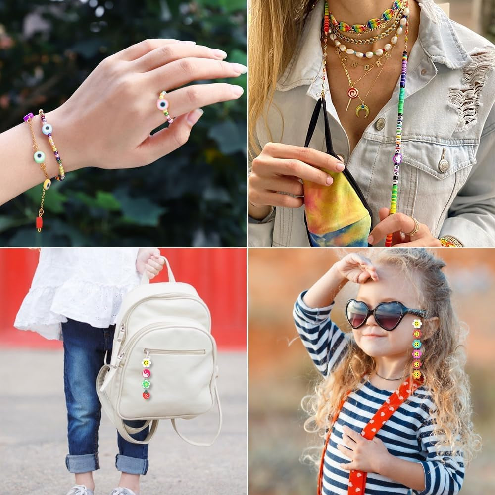 300PCS Clay Beads Charms,Fruit Flower Letter Beads Soft Beads for Women Girls Bracelet Making DIY Bracelet Necklace Earring Accessories with 4M Crystal Elastic String