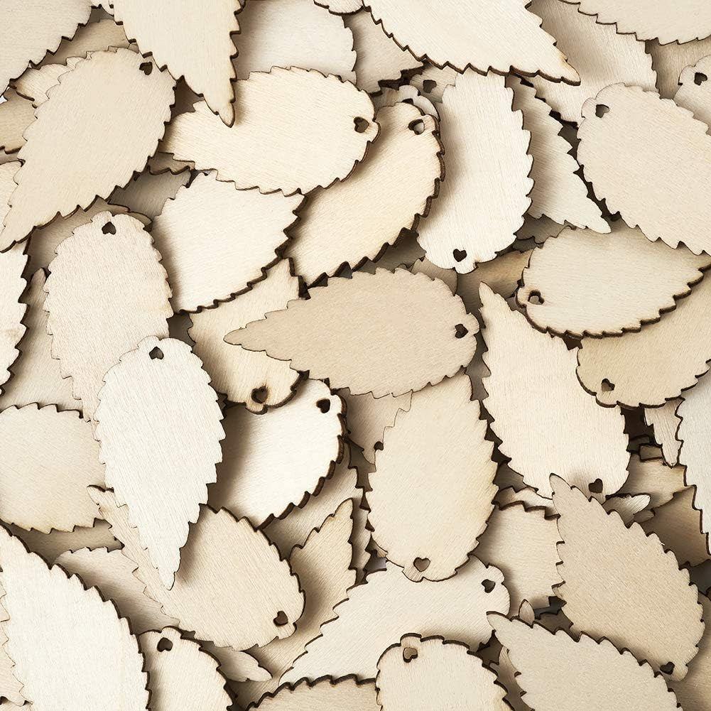 100-Piece Natural Unfinished Blank Wooden Leaf Flat Pendants Antiquewhite 1.96X1.02 Inch