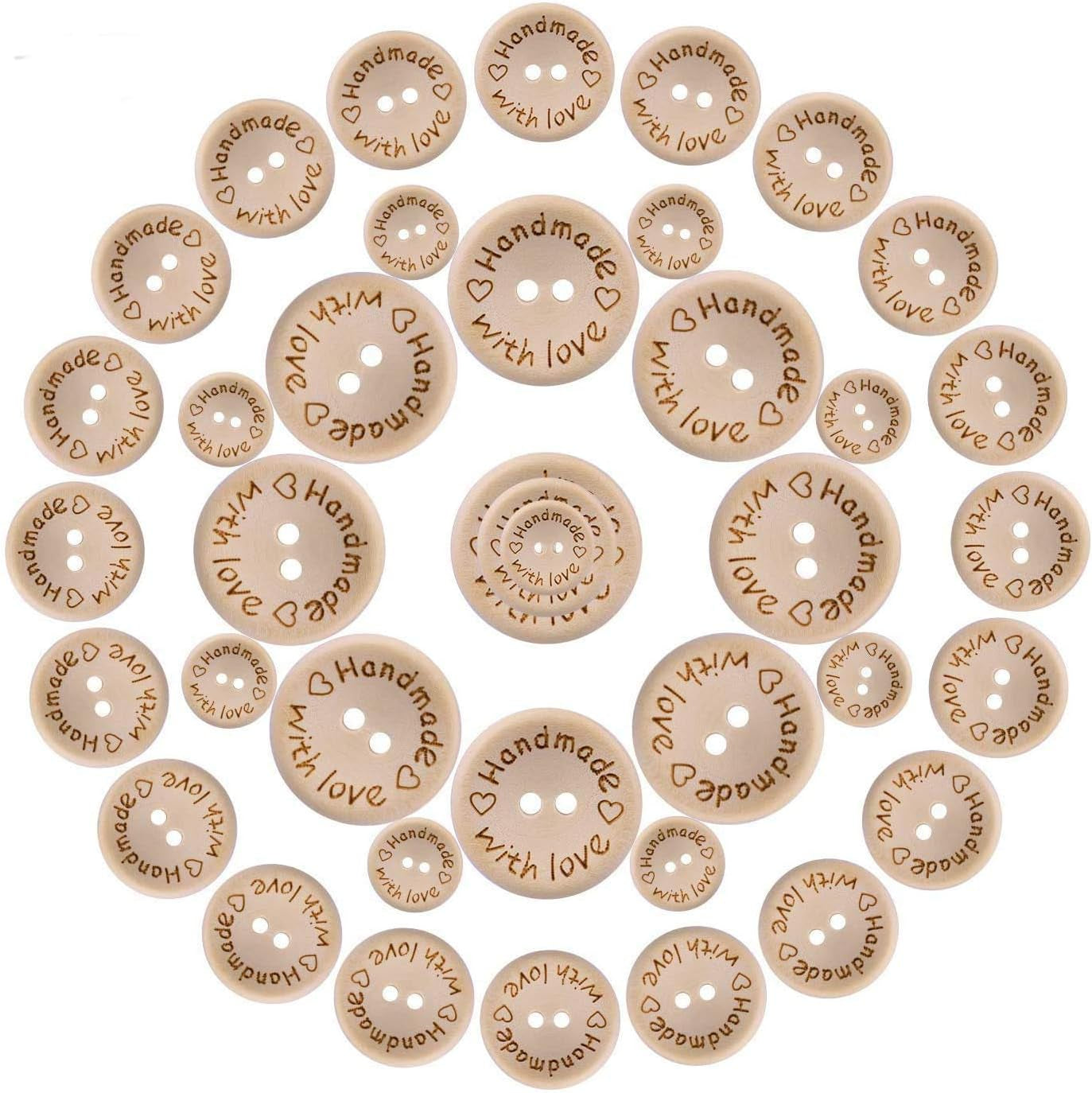 300 Pieces Wooden Handmade with Love round Craft Decor 2 Holes Wooden Sewing Buttons (15,20,25Mm)