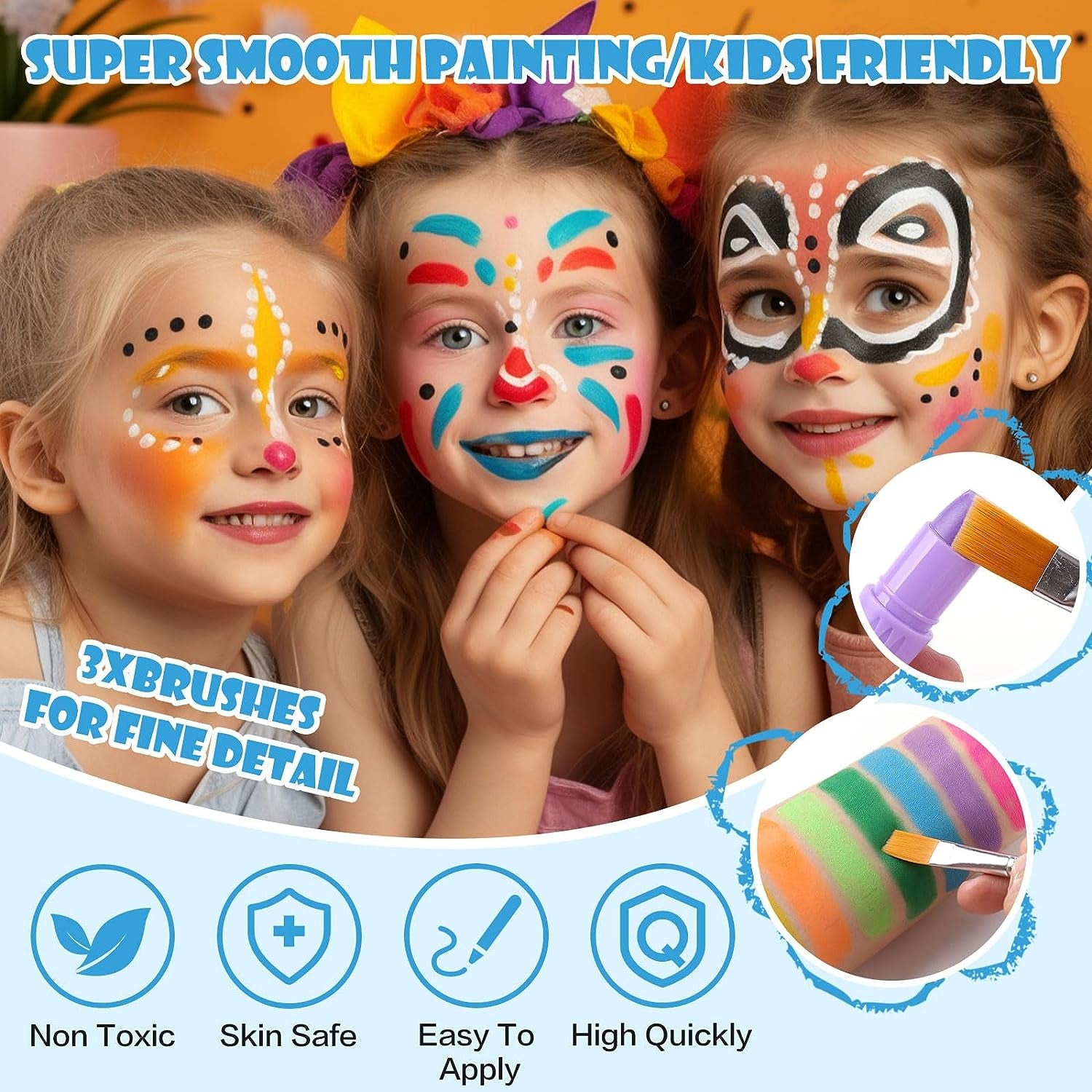 Face Painting Kits for Kids, 12 Colors Twistable Face Paint Sticks, 3 Type Brushes, Water Based Washable Face Paint Crayons Kit for Halloween Cosplay Makeup Body Paints for Children Adult
