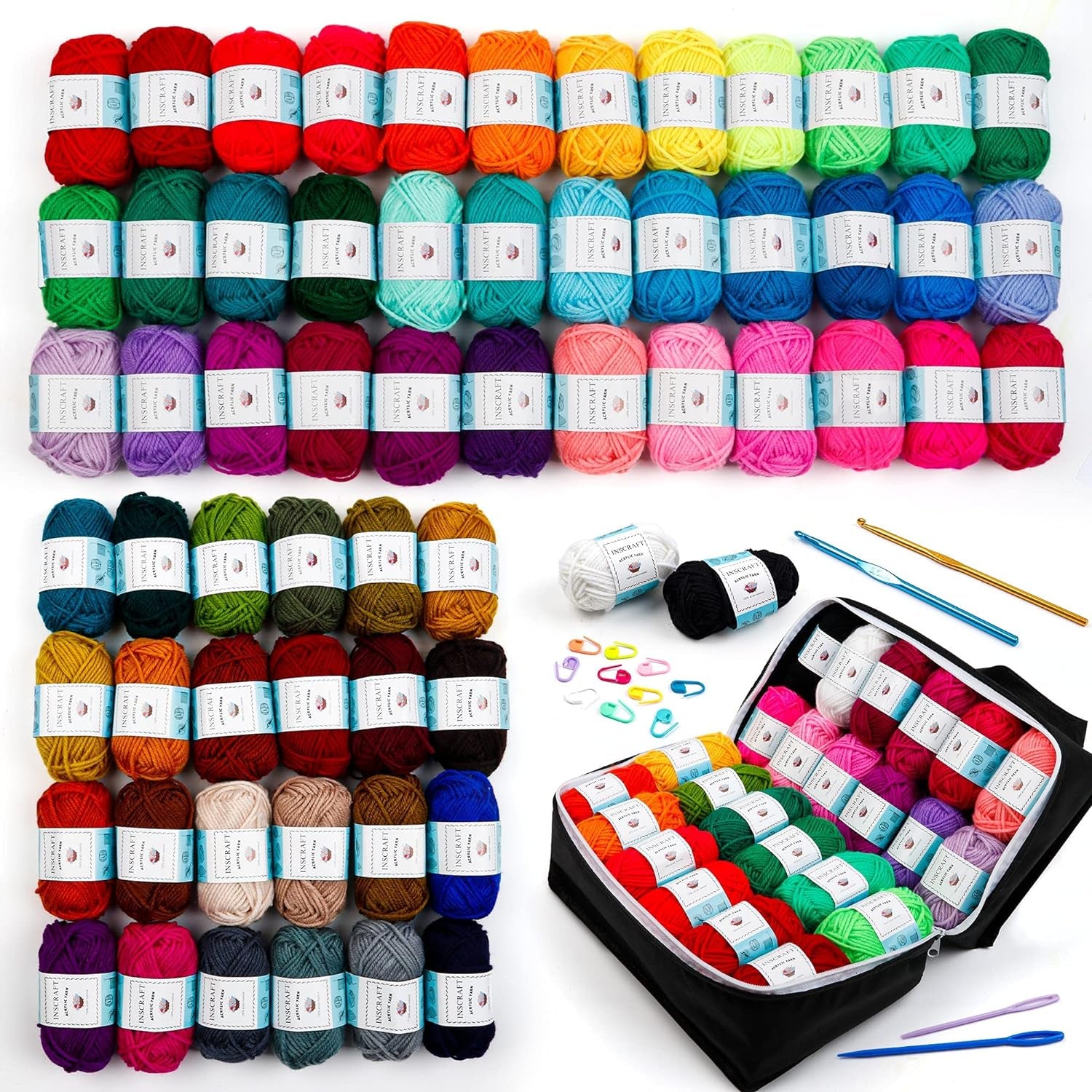 62 Acrylic Yarn Skeins, 2170 Yards Yarn for Knitting and Crochet, Includes 2 Crochet Hooks,2 Weaving Needles,10 Stitch Markers, Perfect Beginner Kit for for Adults Kids