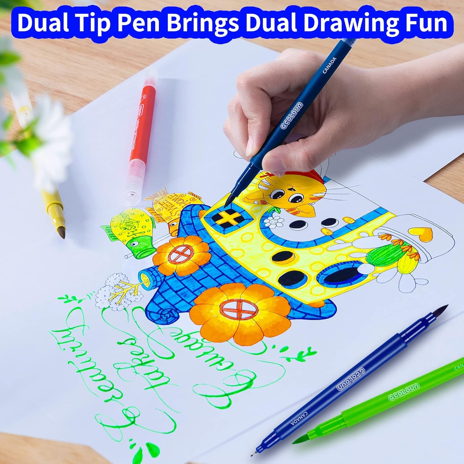 24 Colors Watercolor Paint Markers, Dual Tip Coloring Paint Markers Set Brush Pen and Fine Tip for Kid and Adult Coloring, Painting, Sketching and Drawing, School Supplies and Art Supplies