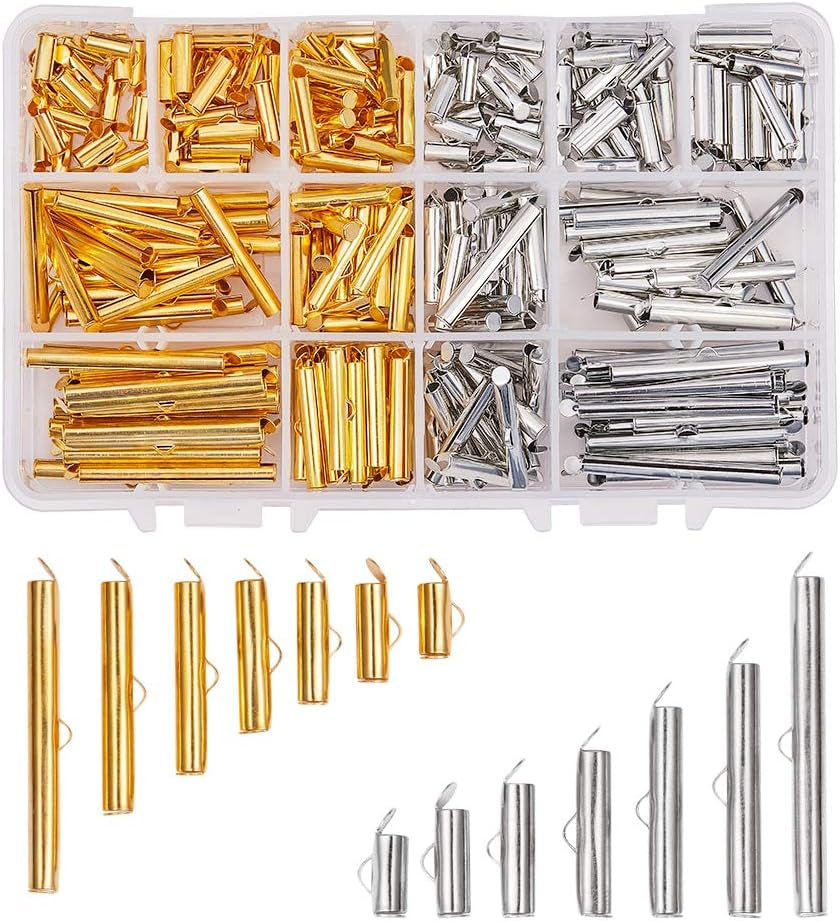 240Pcs Slide on End Clasp Tubes Slider End Caps Crimp End Tube Slider Clasp for Bead Loom Slide Tube End Bar for Multi-Strand Necklace Bracelet Jewelry Making Platinum Golden 10~40Mm