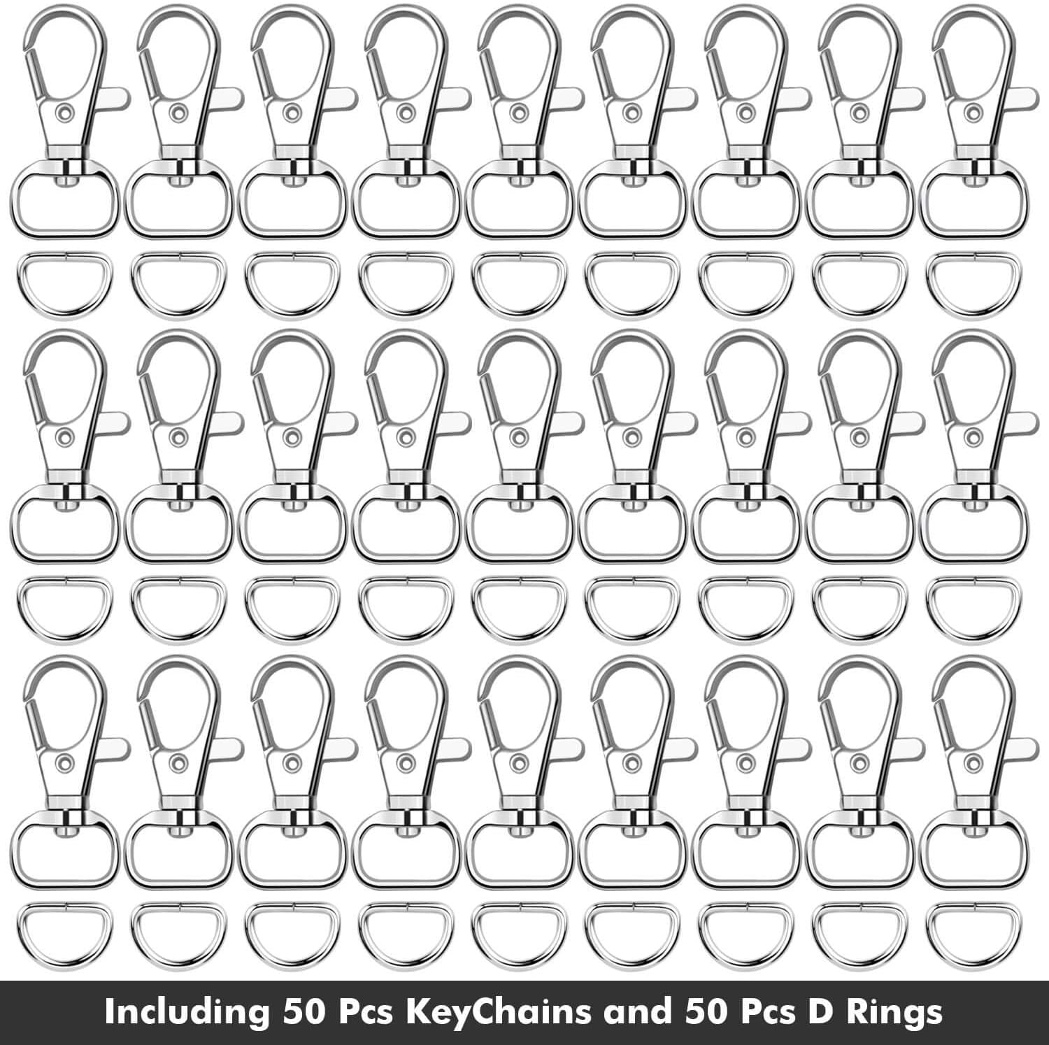 100Pcs Key Chain Clip Hook and D Rings Set Include 50Pcs Swivel Snap Hooks Lanyard Clips and 50Pcs D Rings for Keychain and Purse Hardware (1/2” inside Width)