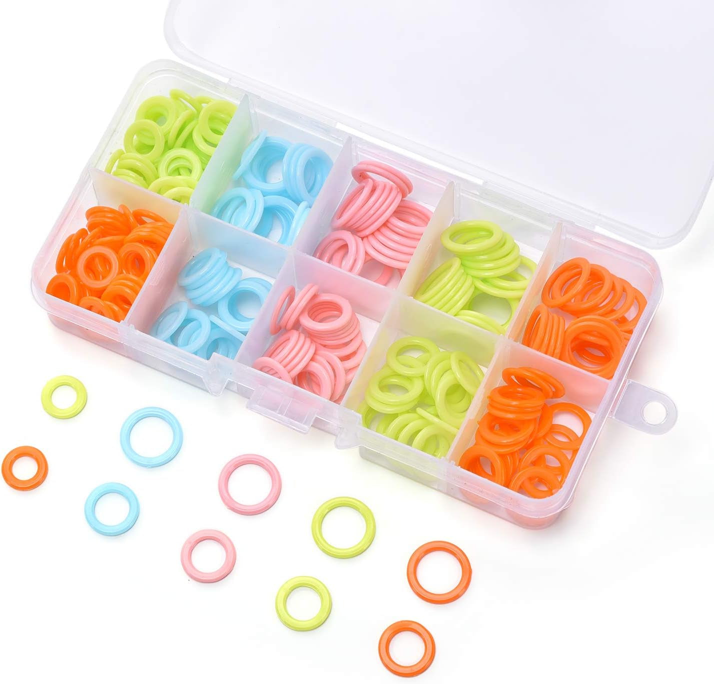 240 Pieces Knitting Stitch Marker, Plastic Smooth Coloured O-Rings with Clear Storage Box, Crochet Ring Assorted Knitting Needle Clip Multiple-Size
