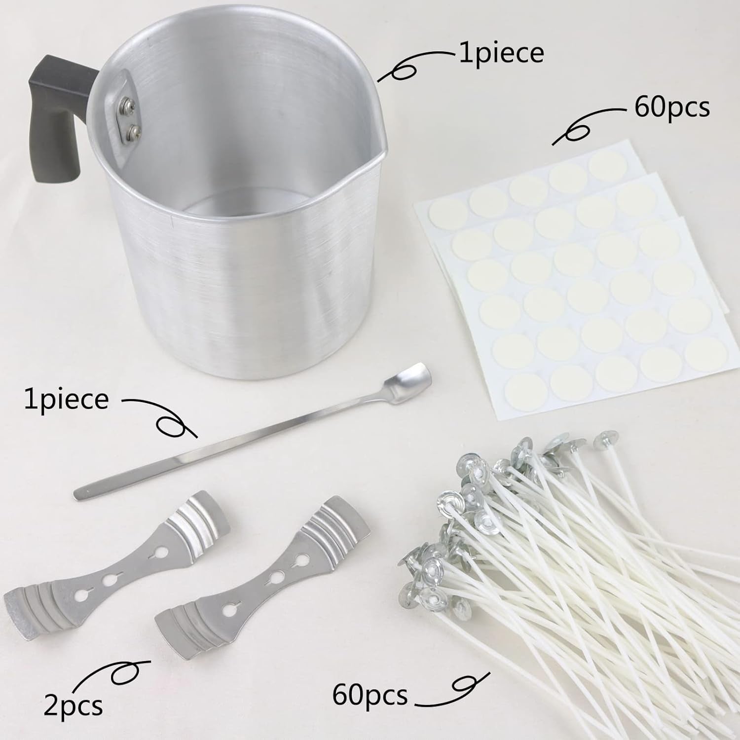 Candle Making Kit, 60Pcs Candle Wicks, 60Pcs Candle Wicks Sticker, 1Pc Candle Wax Pouring Pot, 2Pcs 3-Hole Wicks Centering Devices, 1Pc Mixing Spoon, DIY Candles Craft Tools