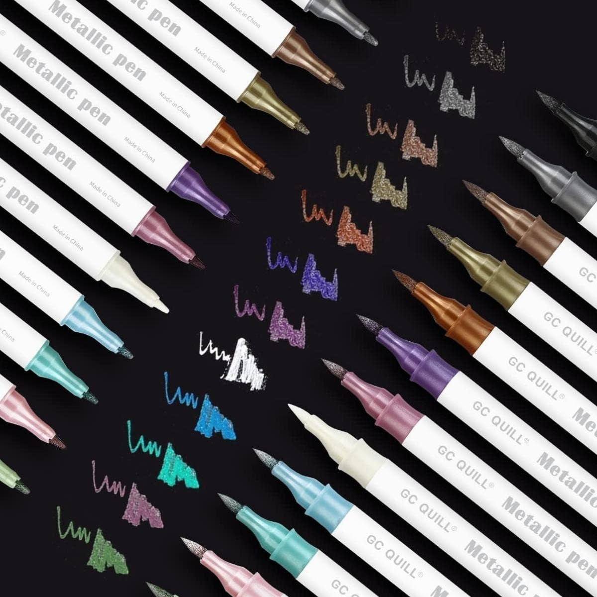 12 Colors Metallic Marker Pens - Dual Tip Brush and Fine Point Pens for DIY Album, Black Cards, Scrapbooking, Craft Supplies, on Ceramic, Stone, Glass, Fabric GC-MP12