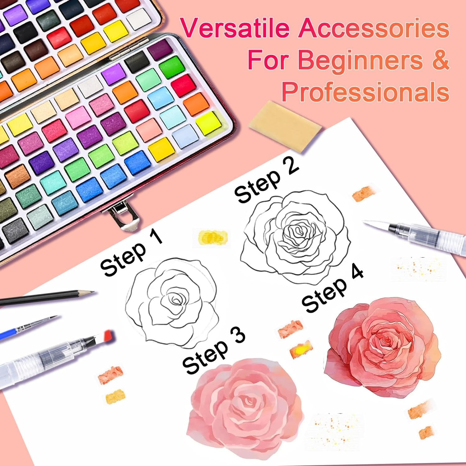 Watercolor Paint Set, 100 Water Color Pallet Adult, Travel Watercolor Palette Set with Regular, Macaron, Metallic & Fluorescent Colors - Art Supply Kit for Kids, Adults, Beginners, Artists