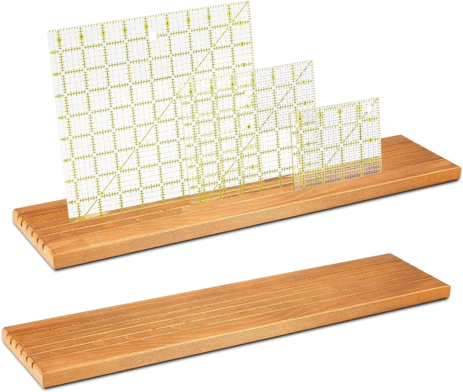 2 Pieces Wooden Ruler Rack Quilting Ruler Rack Organizer Quilting Ruler Holder Wood Quilting Grid Ruler with 5 Slots for Ruler Organizer Home Office Desk Stand (Brown)