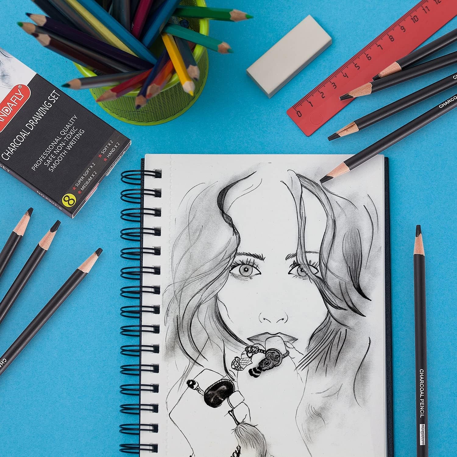 Professional Charcoal Pencils Drawing Set - 8 Pieces Soft Medium and Hard Charcoal Pencils for Drawing, Sketching, Shading