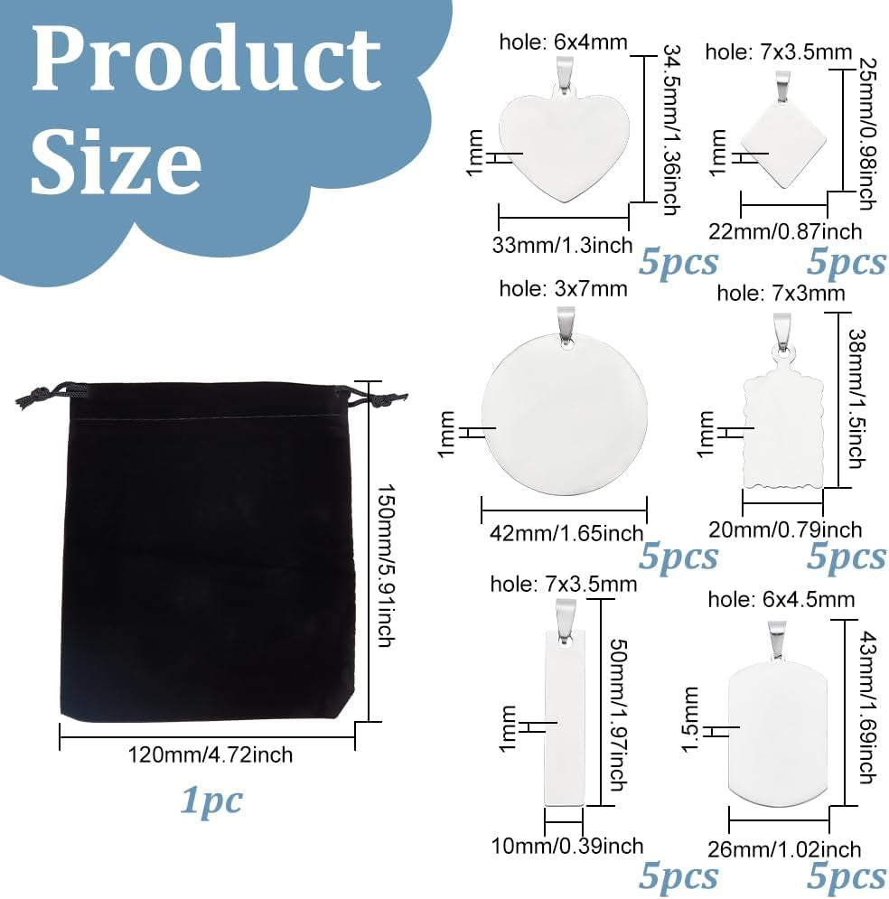30PCS Mixed Large Stainless Steel Stamping Blanks, Round/Rectangle/Heart Pendants Charms with Black Velvet Bag and Clear Storage Box for Necklace Bracelet Making and ID Name Tags, 1Mm Thick