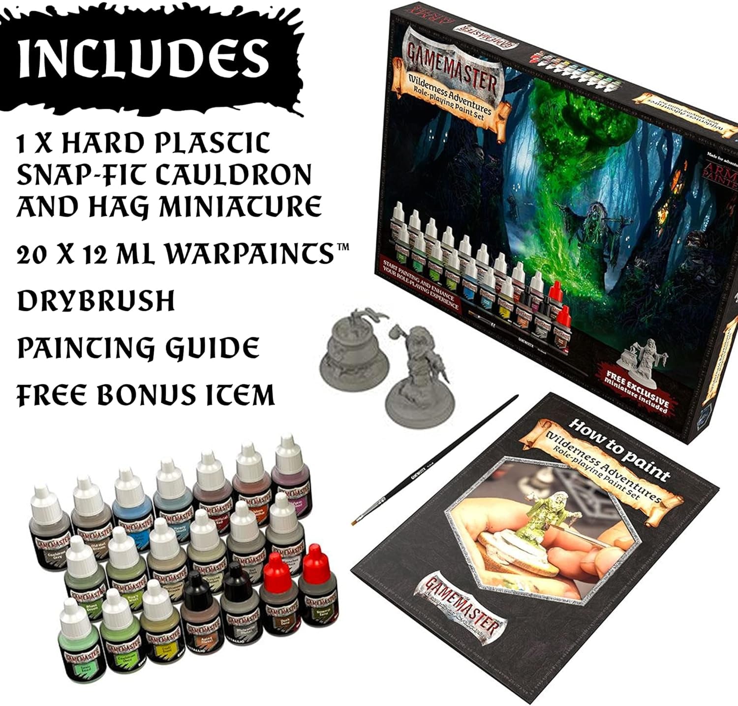 Wilderness Adventures Dnd Acrylic Paint Set with 20 Warpaints, Acrylic Paints for Models and Miniatures, Acrylic Warpaints, Quickshade Washes, Metallic Paints & 2 Plastic Miniatures