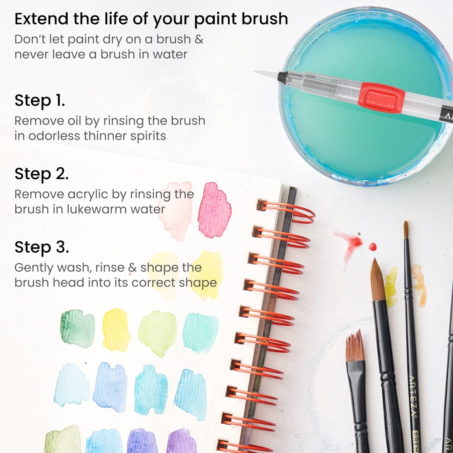 Water Brush Pen, Set of 6, Assorted Soft Nylon Bristle Tips, Self-Moistening Water Brush, Refillable Water Pen