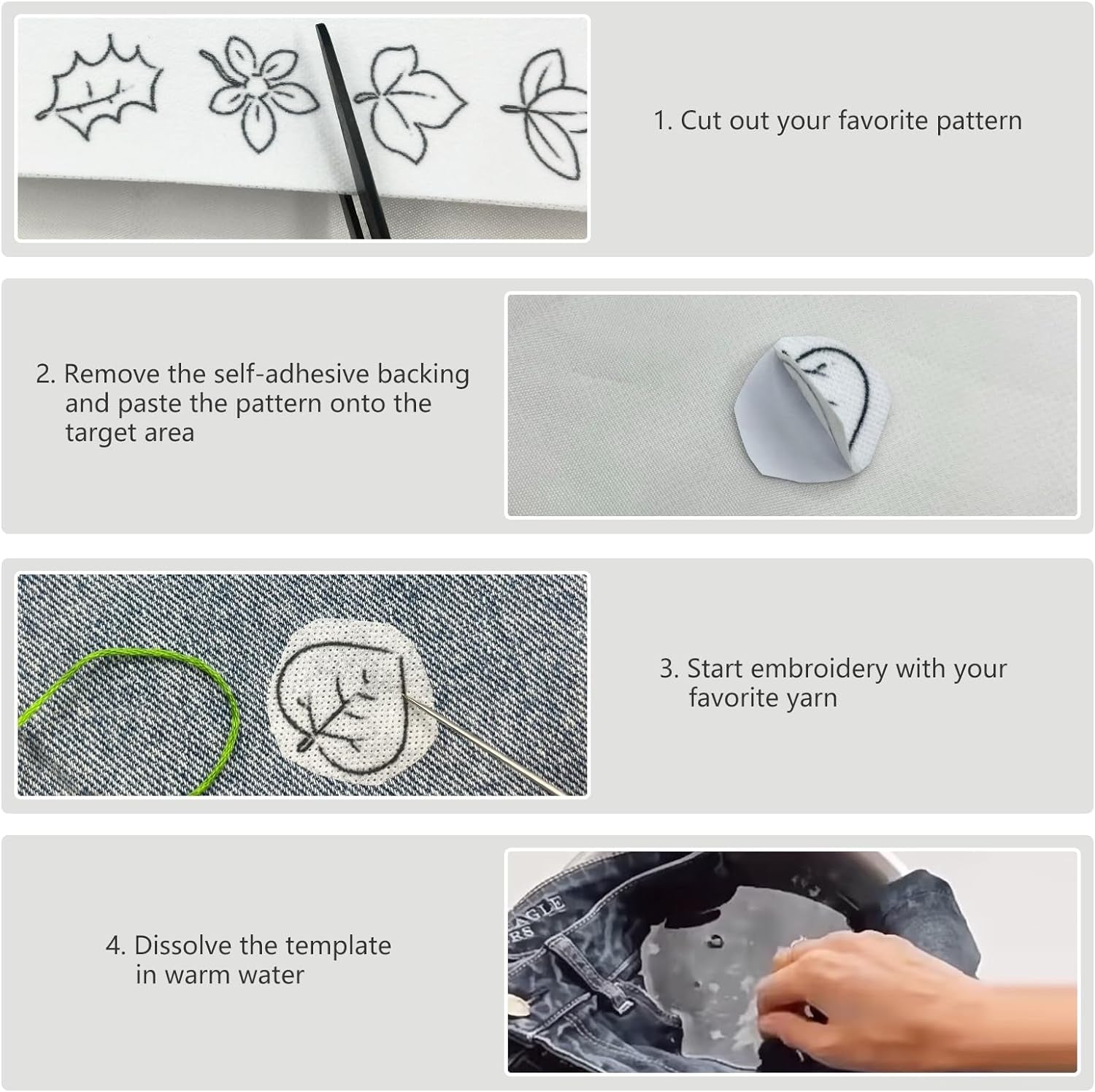 75 Pcs Stick and Stitch Embroidery Paper Designs 3 Sheets A4 Water Soluble Stabilizer for Embroidery Patterns Adhesive Embroidery Transfer Paper with Pre-Printed Flower Leave Butterfly for Hand Sewing