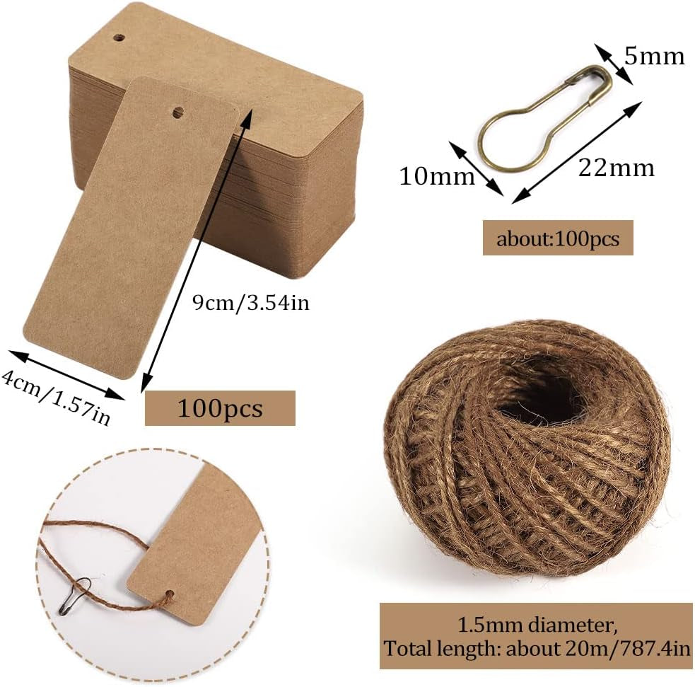 100 Pcs Gift Tags with String, Christmas Stocking Tags Blank Marking Tags with Safety Pins,Name Tags for Gift Bags Label Clothes Arts and Crafts (Kraft Paper)