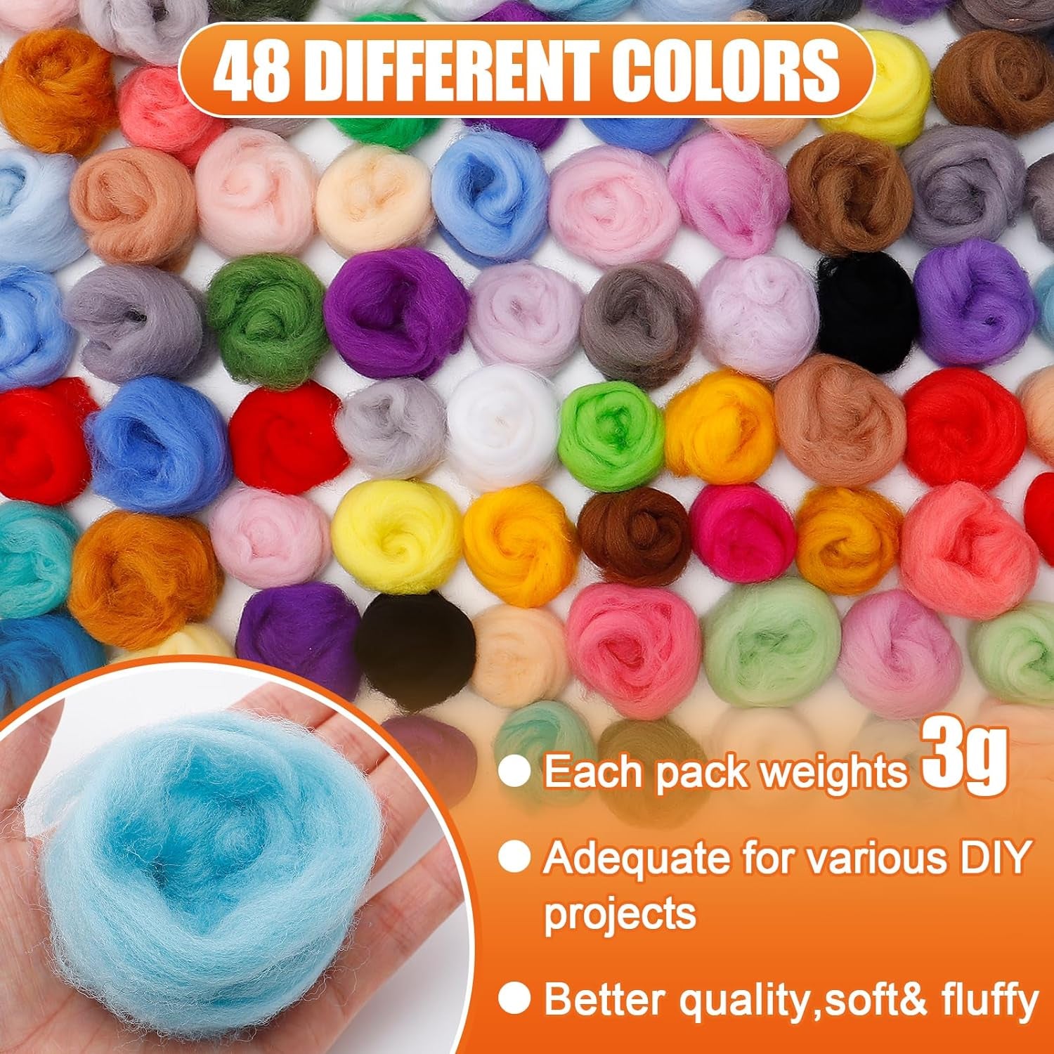 96Pcs 10.4 Oz Needle Felting Wool- 48 Colorful Nature Fibre Wool Yarn Roving Needle Felting Hand Spinning for Wool Felting Yarn Supplies DIY Craft Materials, 3G/Pack