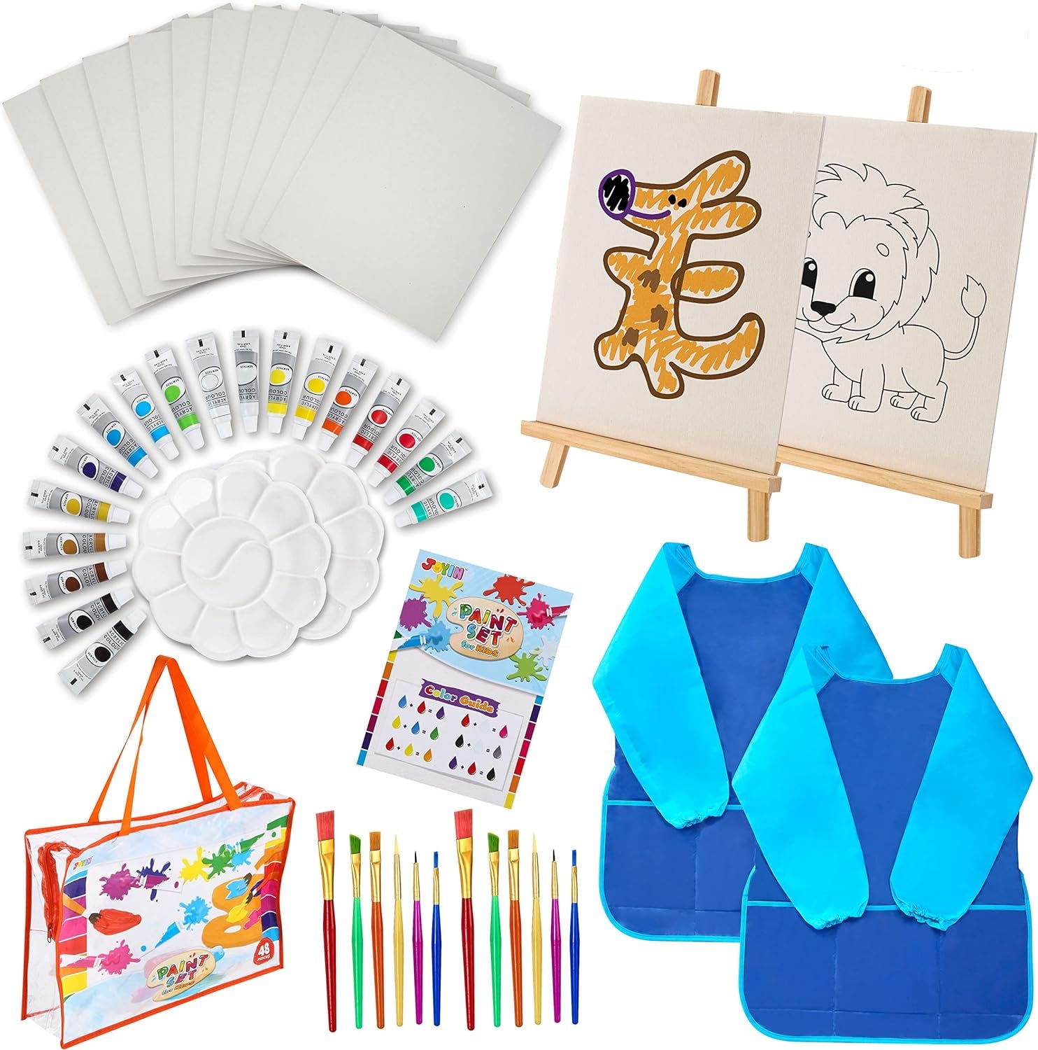 48 Pieces Art Painting Supplies for Toddlers and Kids with 12 Paint Brushes, 10 Painting Canvas, 2 Tabletop Easels, 2 Art Smocks, 18 Acrylic Painting Colors, Paint Palettes, Presents for Kids