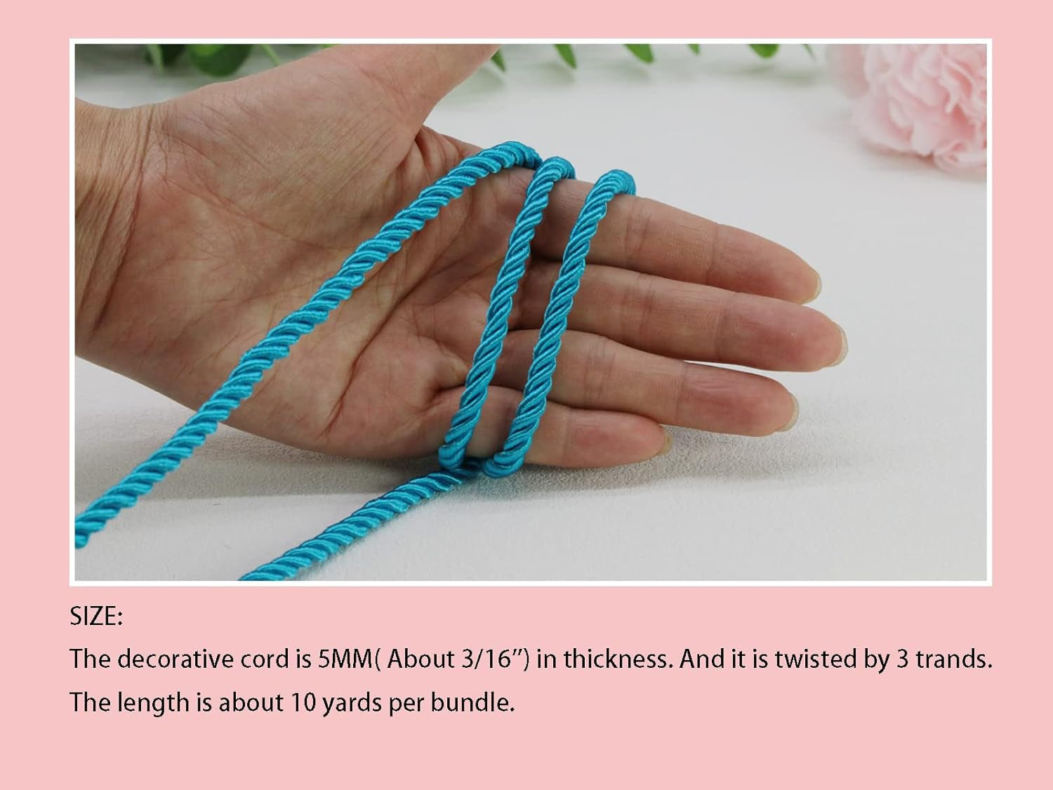 U Pick 10Yds 5Mm 3 Braided Cord Decorative Twisted Satin Polyester Twine Cord Rope String Thread Shiny Cord Choker Thread (05:Turquoise)