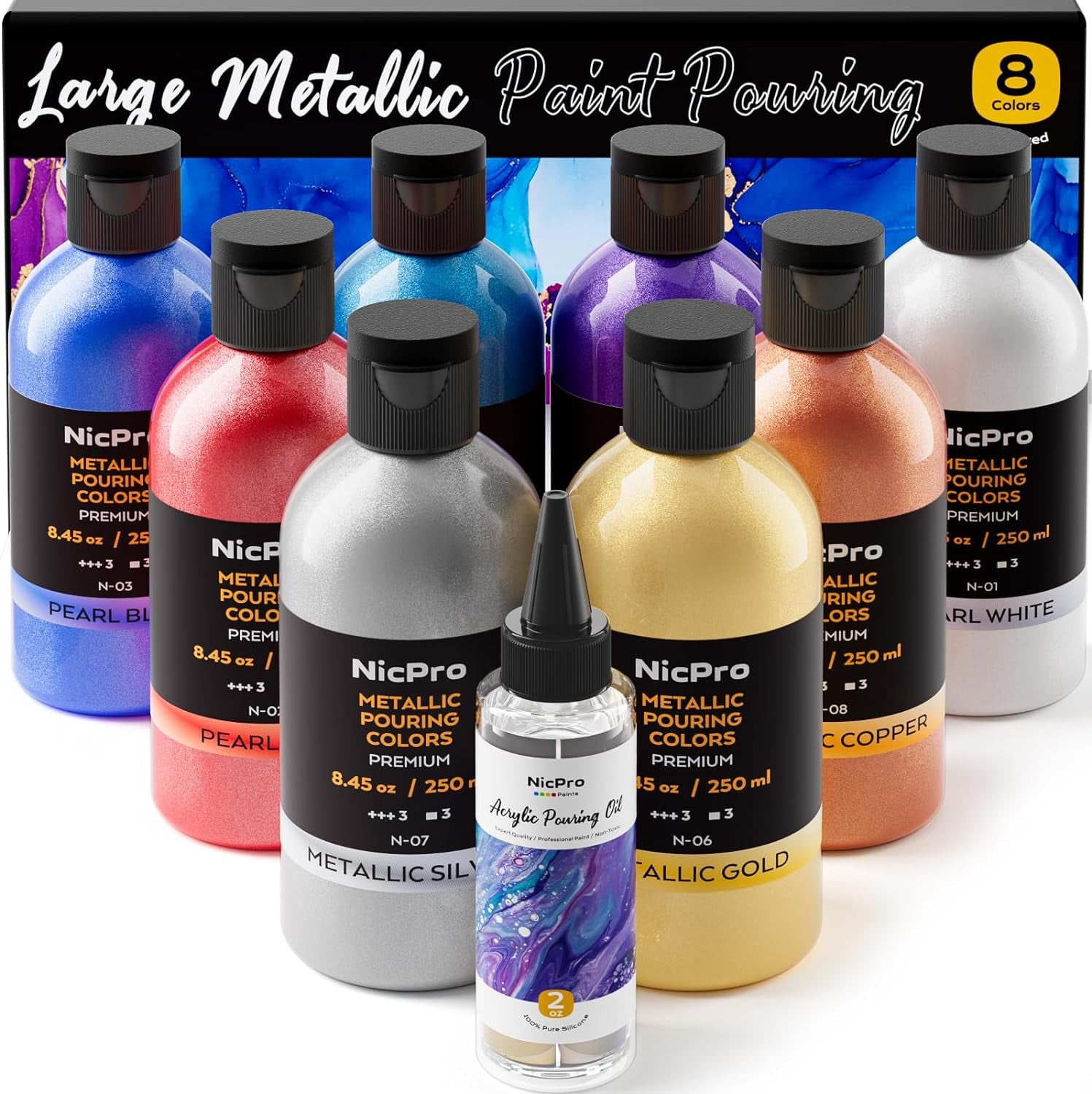 8 Colors 8.45Oz Metallic Acrylic Pour Paint Supplies Kit, Large Volume Premixed High Flow Painting Bulk Set with Silicone Pouring Oil, Gloves, Instructions for Beginner DIY - Ready to Pour