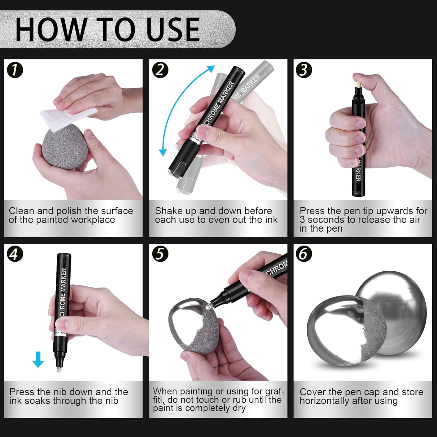 5Pcs Silver Liquid Mirror Chrome Markers, Oil-Based Permanent Chrome Paint Pens for Model Painting, Repairing, Marking or DIY Art Projects, Waterproof Reflective Gloss Metallic Markers