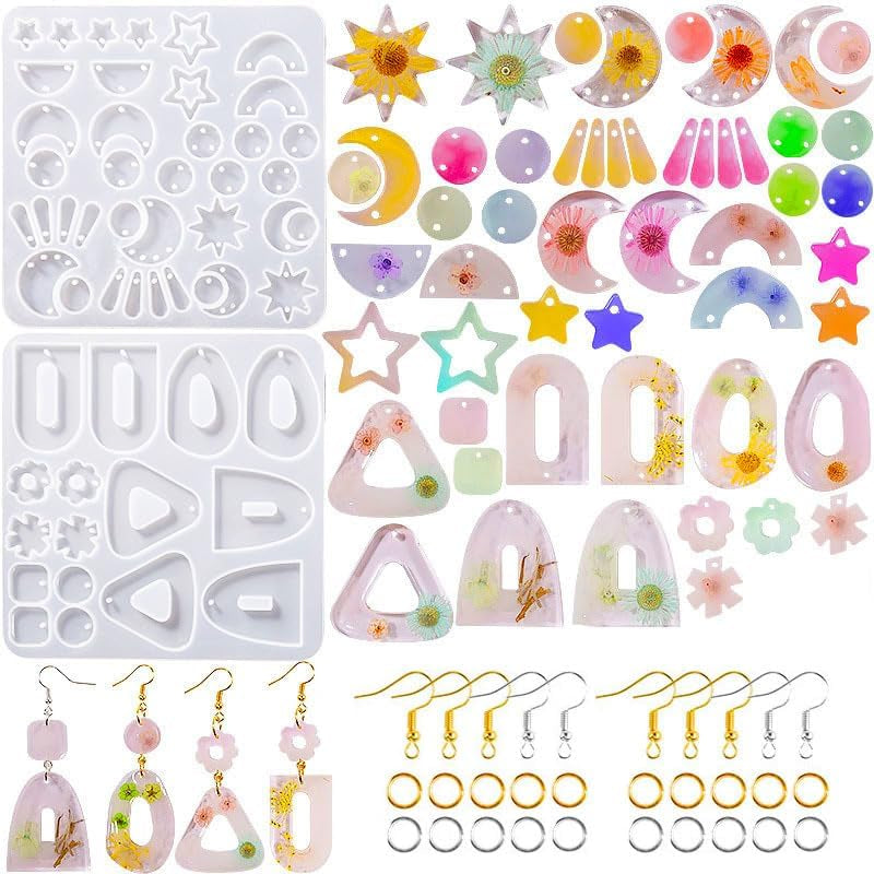 44PCS Resin Earring Molds, Silicone Molds for Epoxy Resin, Geometrical Flower Leave Heart Shaped Epoxy Silicone Casting Molds for Jewelry Pendant Keychain Charm, Resin Epoxy Kit