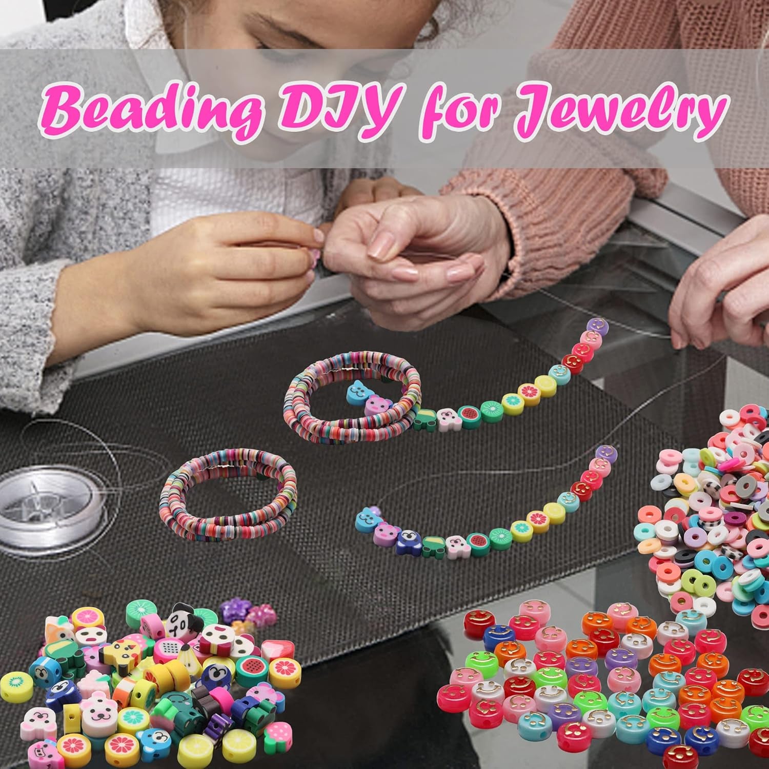 6552 PCS Complete Beads Jewelry Making Kit, 28 Colors Flat Polymer Clay Heishi Beads, Cartoon Fruit Beads, Roll Elastic Strings Other Kinds Space Beads Scissors for Beginner Experiencer