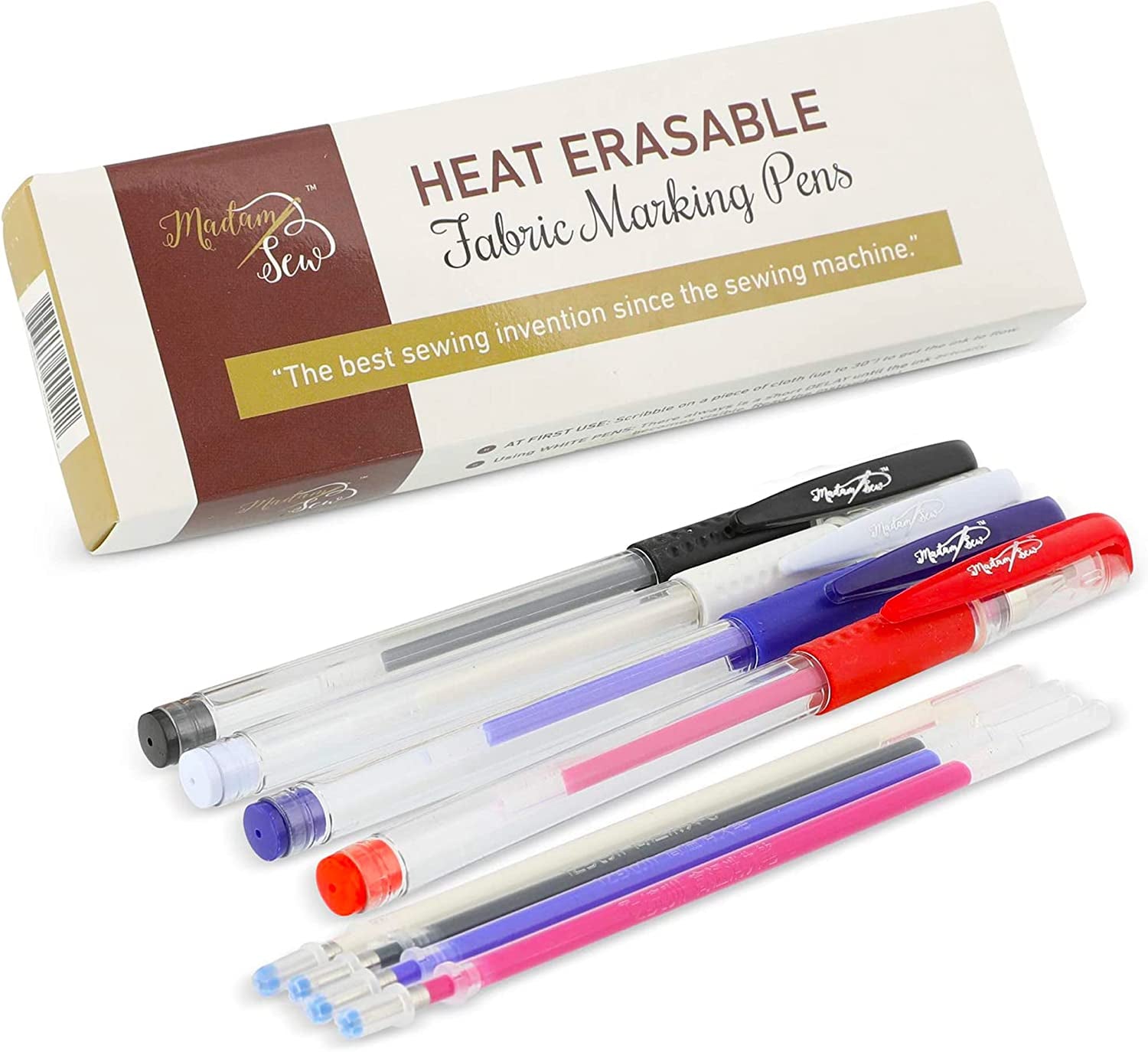 Heat Erasable Fabric Marking Pens | Quilting, Sewing, Crafts and Dressmaking I 4 Assorted Colors with 4 Refills