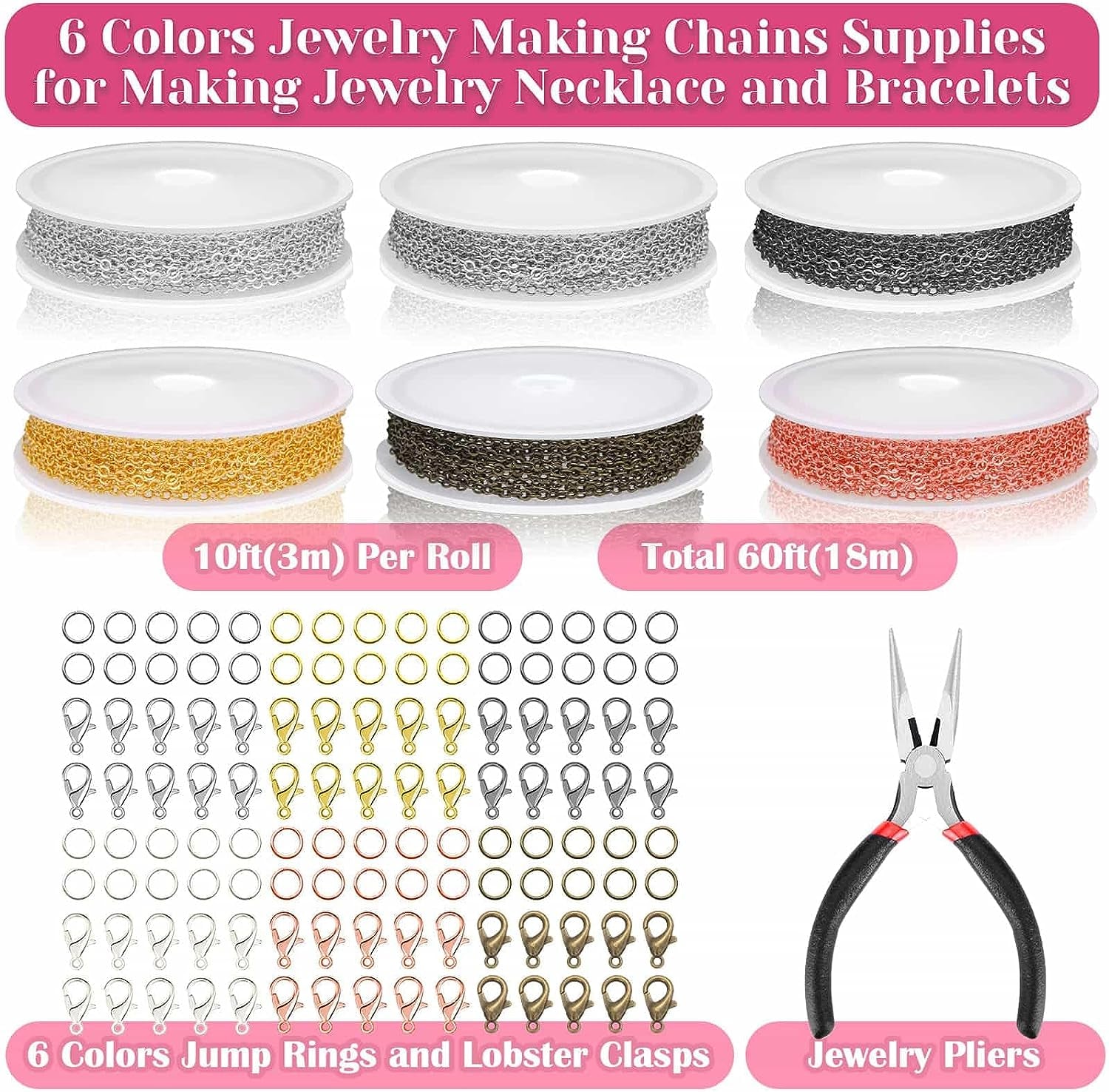 Chains for Jewelry Making, 60Ft Jewelry Making Chains for Necklace with Pliers, Open Jump Rings and Lobster Clasps for Making Jewelry DIY Necklace Bracelet Anklet, 6Colors 2Mm