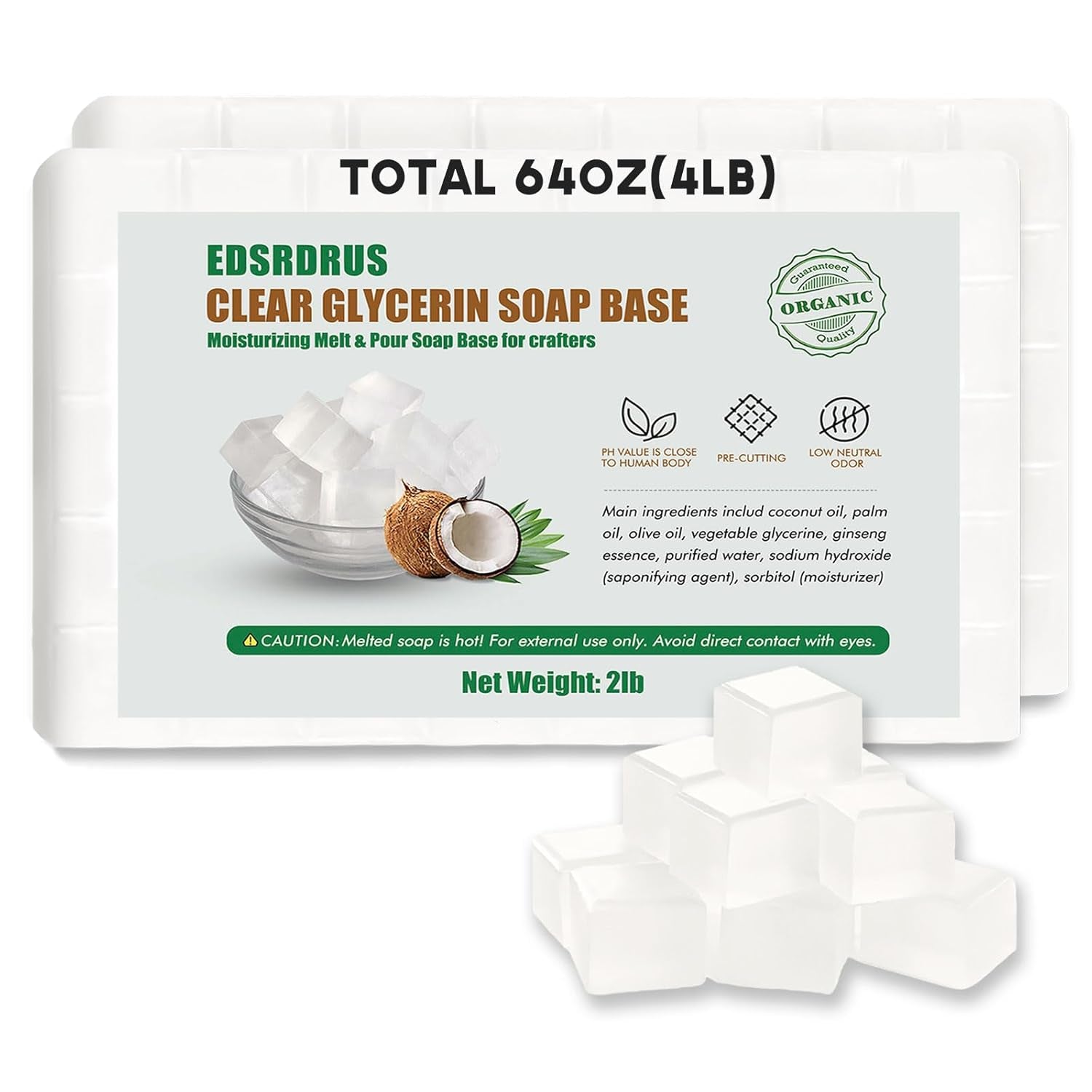 4LB Unscented Glycerin Soap Base DIY Handmade Soap Moisturizing Melt and Pour Soap Base for Crafting, Vegetable Glycerin &amp; Coconut Oil, Easy to Cut (White,4Lb)